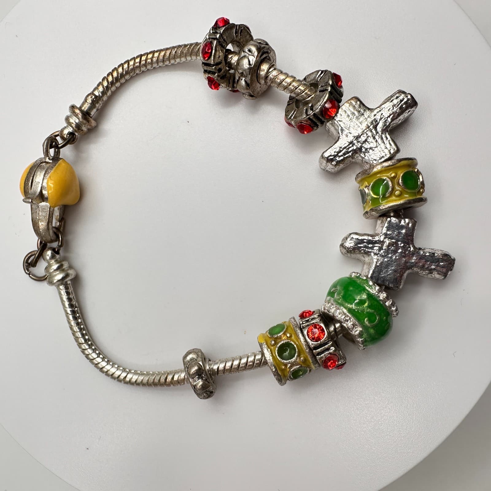 Vintage 90s Religious Charm Bracelet Silver Tone Multi-Color Cross Heart Jewelry - Thumbnail 6