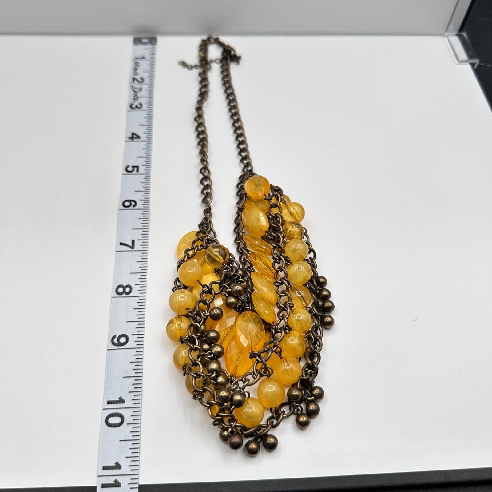 Vintage 90s Bib Necklace Yellow Glass Beads Bronze Tone Multi Strand Jewelry - Thumbnail 17