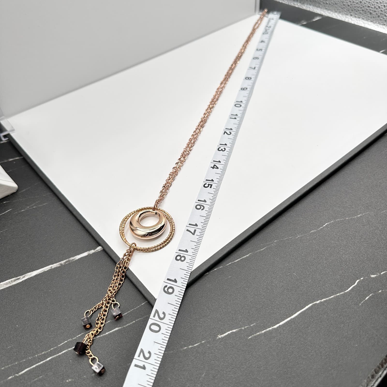 Vintage 90s Gold Tone Double Hoop Tassel Necklace Purple Glass Cube Boho - Thumbnail 14