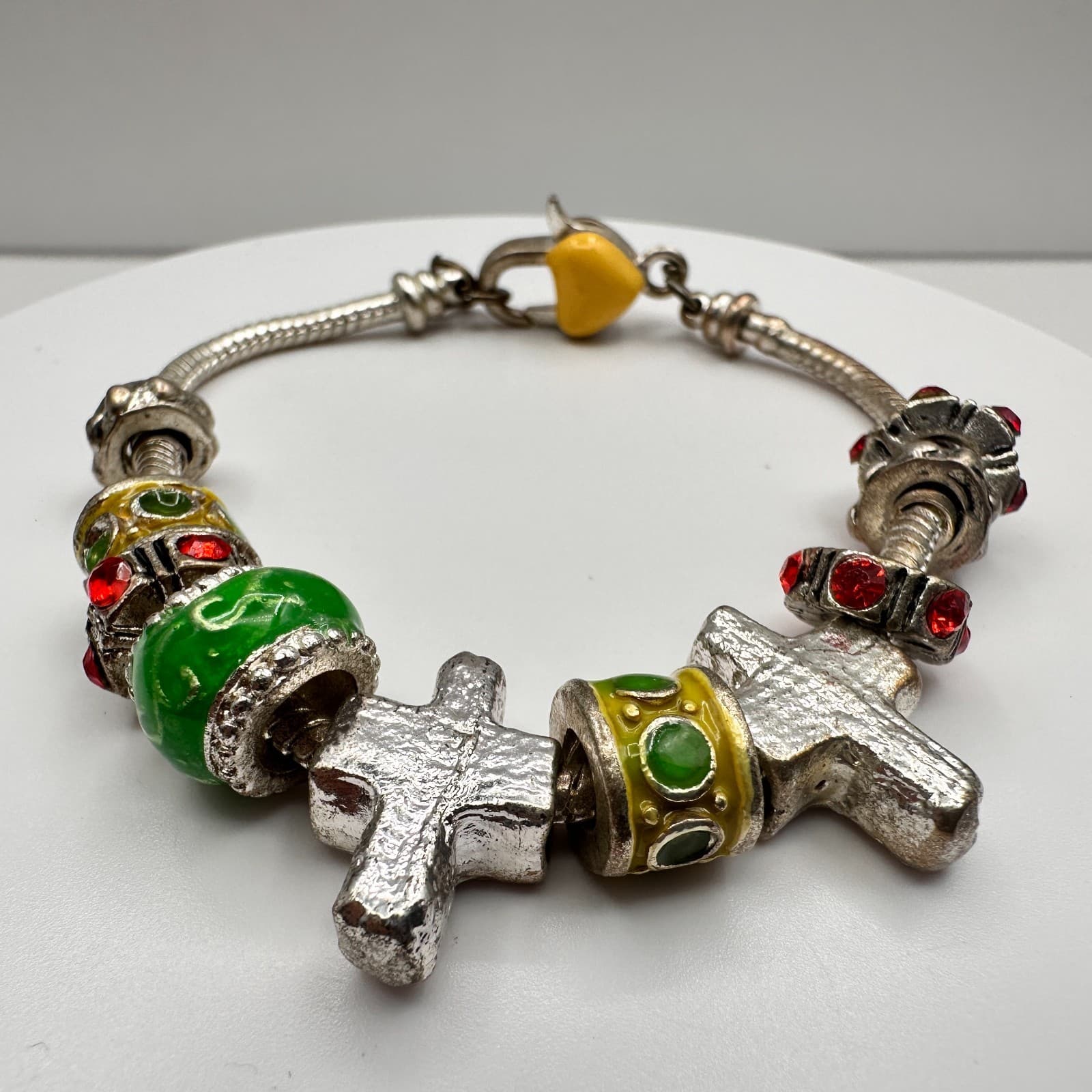 Vintage 90s Religious Charm Bracelet Silver Tone Multi-Color Cross Heart Jewelry - Thumbnail 2