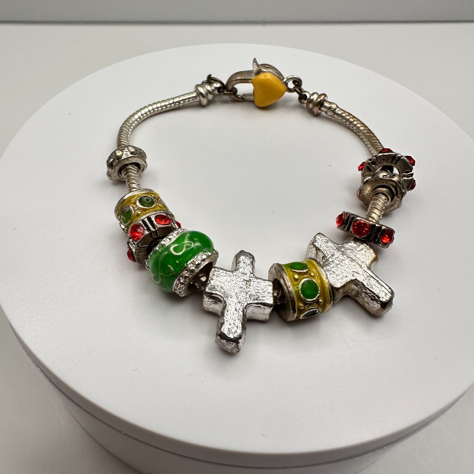 Vintage 90s Religious Charm Bracelet Silver Tone Multi-Color Cross Heart Jewelry - Image 1