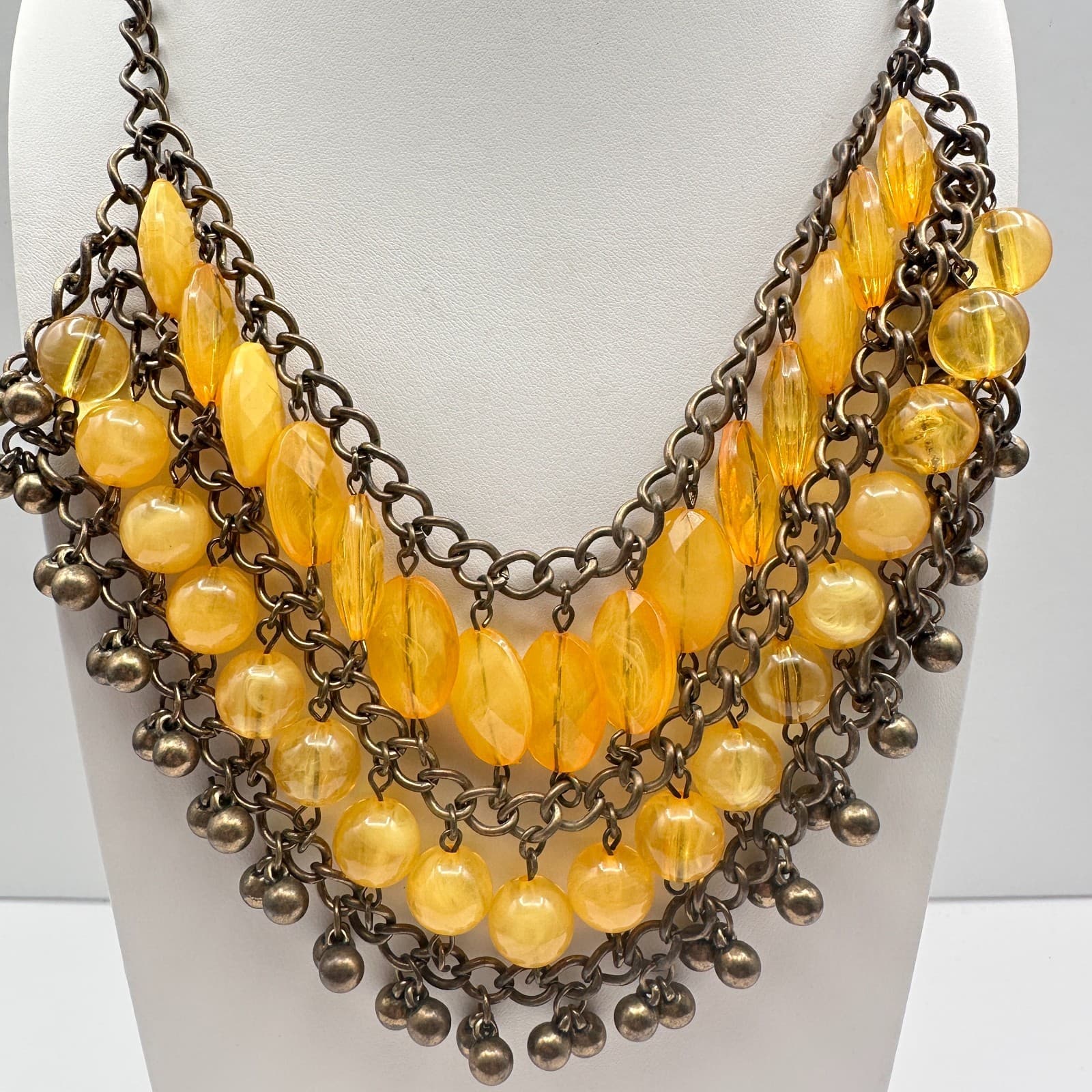 Vintage 90s Bib Necklace Yellow Glass Beads Bronze Tone Multi Strand Jewelry - Thumbnail 2