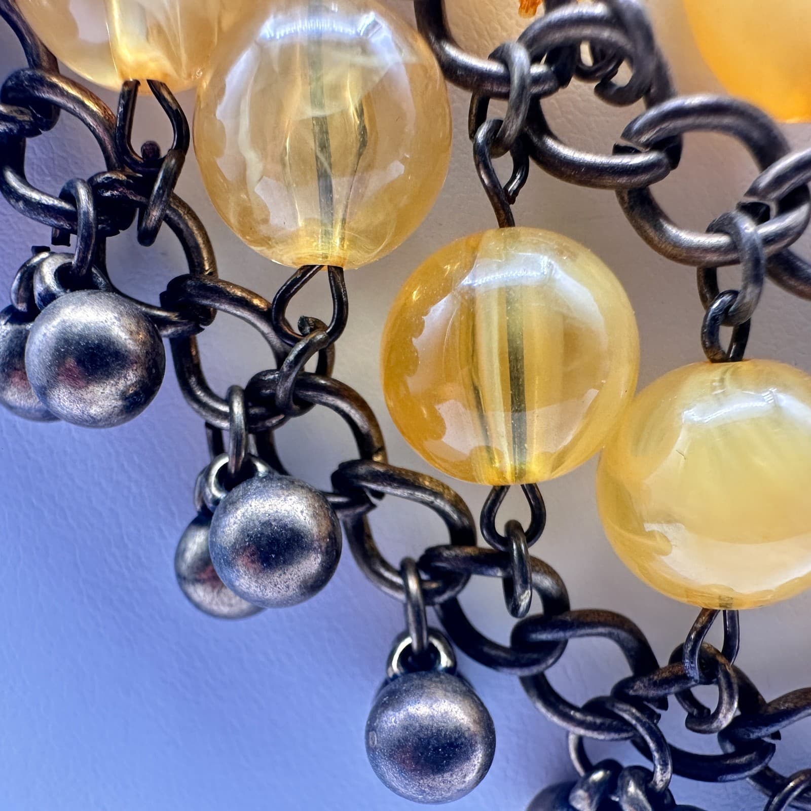 Vintage 90s Bib Necklace Yellow Glass Beads Bronze Tone Multi Strand Jewelry - Thumbnail 16