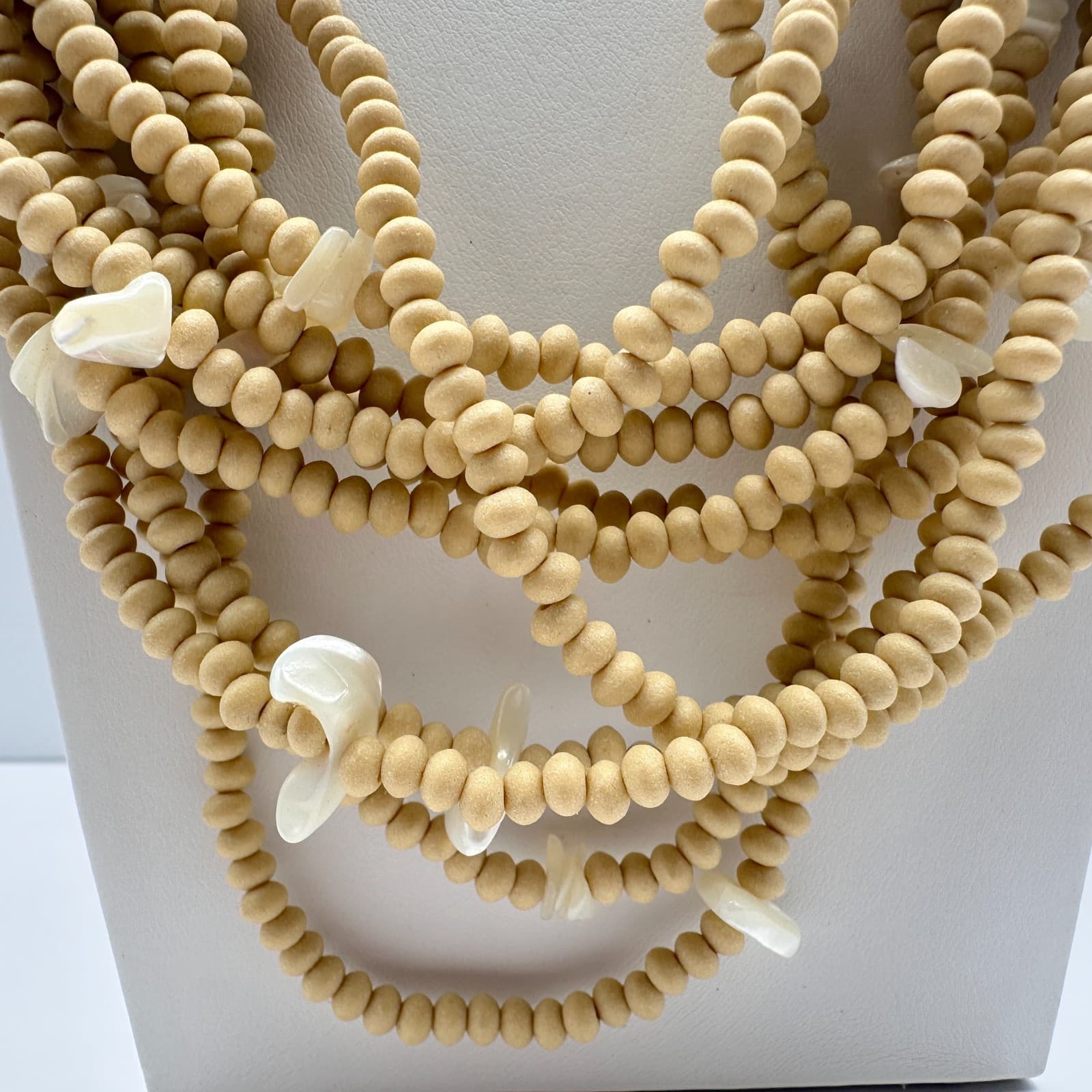 Vintage 90s Multi-Strand Wood Bead Shell Necklace Boho Classic Women's Jewelry - Thumbnail 4