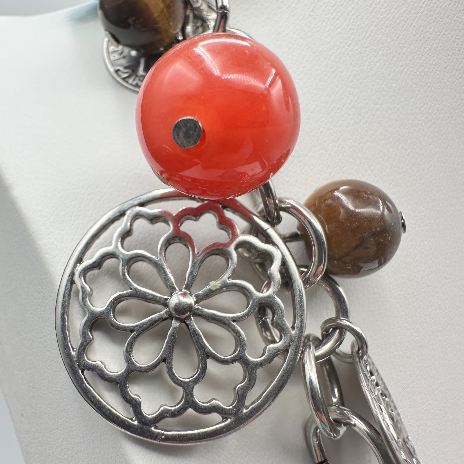 Vintage Y2K Coin Charm Necklace Silver Tone Tigers Eye Beads Turquoise Red Coral - Thumbnail 9