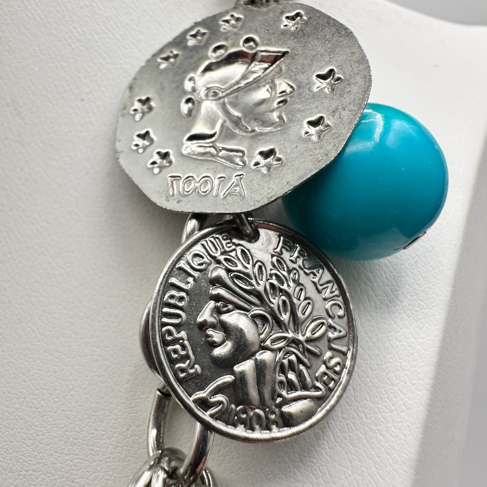 Vintage Y2K Coin Charm Necklace Silver Tone Tigers Eye Beads Turquoise Red Coral - Thumbnail 12