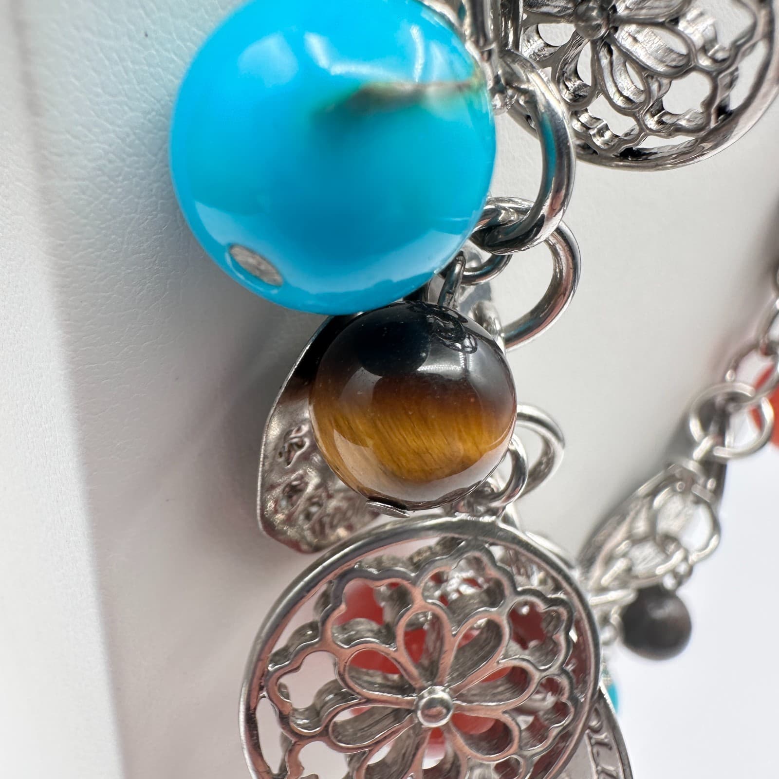 Vintage Y2K Coin Charm Necklace Silver Tone Tigers Eye Beads Turquoise Red Coral - Thumbnail 6