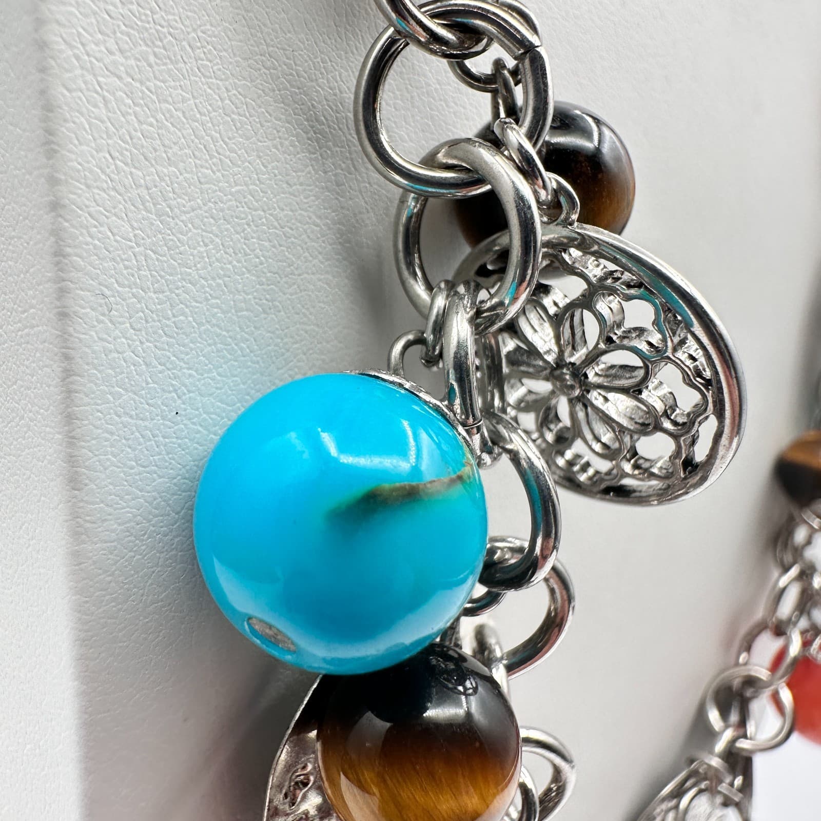 Vintage Y2K Coin Charm Necklace Silver Tone Tigers Eye Beads Turquoise Red Coral - Thumbnail 8