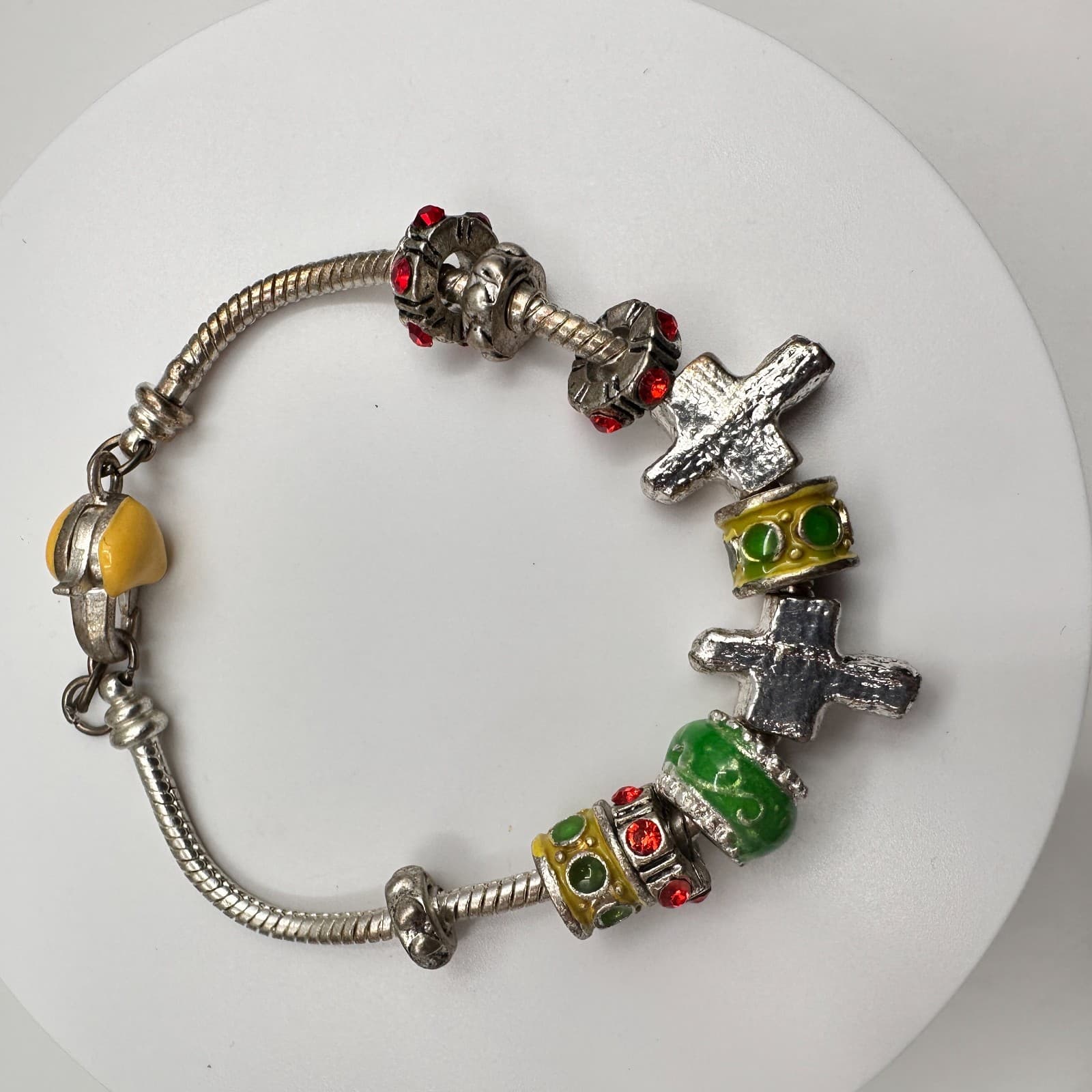 Vintage 90s Religious Charm Bracelet Silver Tone Multi-Color Cross Heart Jewelry - Thumbnail 10