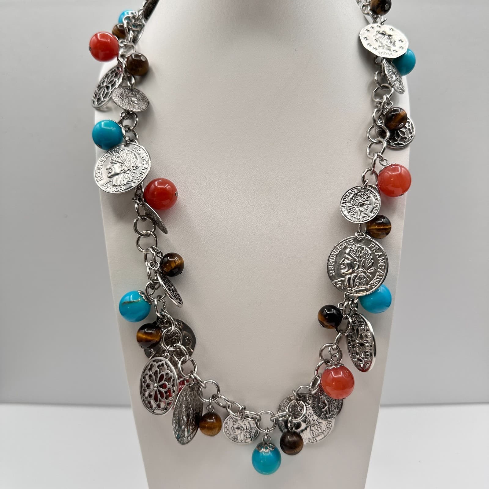 Vintage Y2K Coin Charm Necklace Silver Tone Tigers Eye Beads Turquoise Red Coral - Image 1