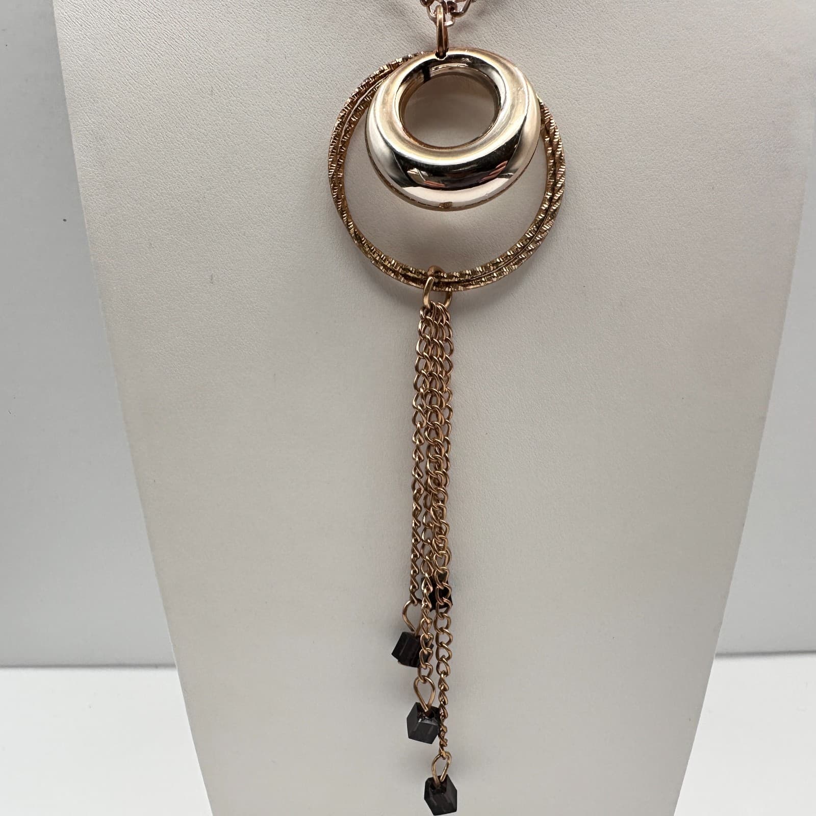 Vintage 90s Gold Tone Double Hoop Tassel Necklace Purple Glass Cube Boho - Thumbnail 5