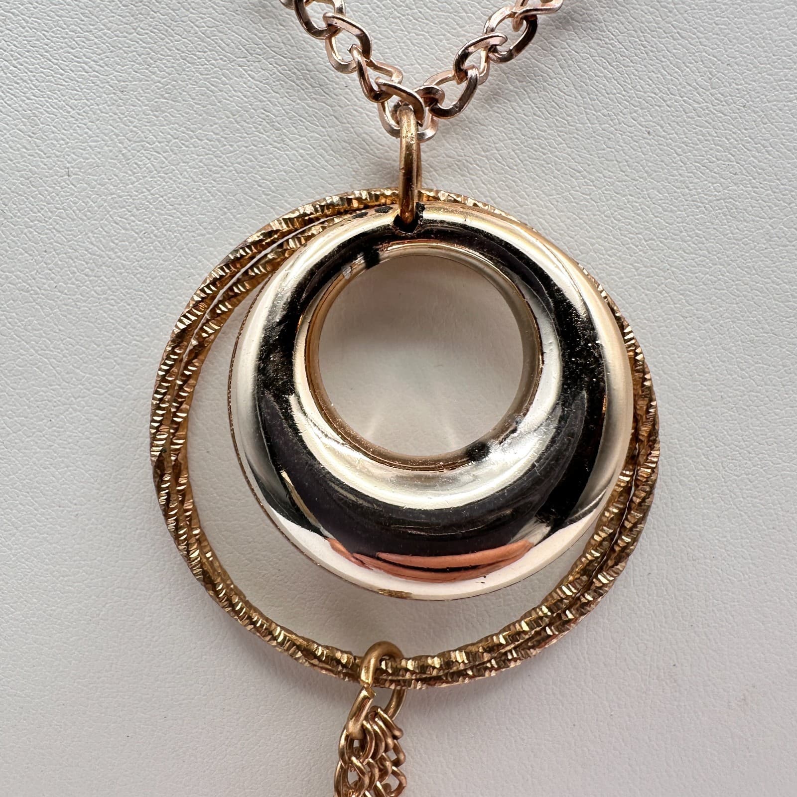 Vintage 90s Gold Tone Double Hoop Tassel Necklace Purple Glass Cube Boho - Thumbnail 2