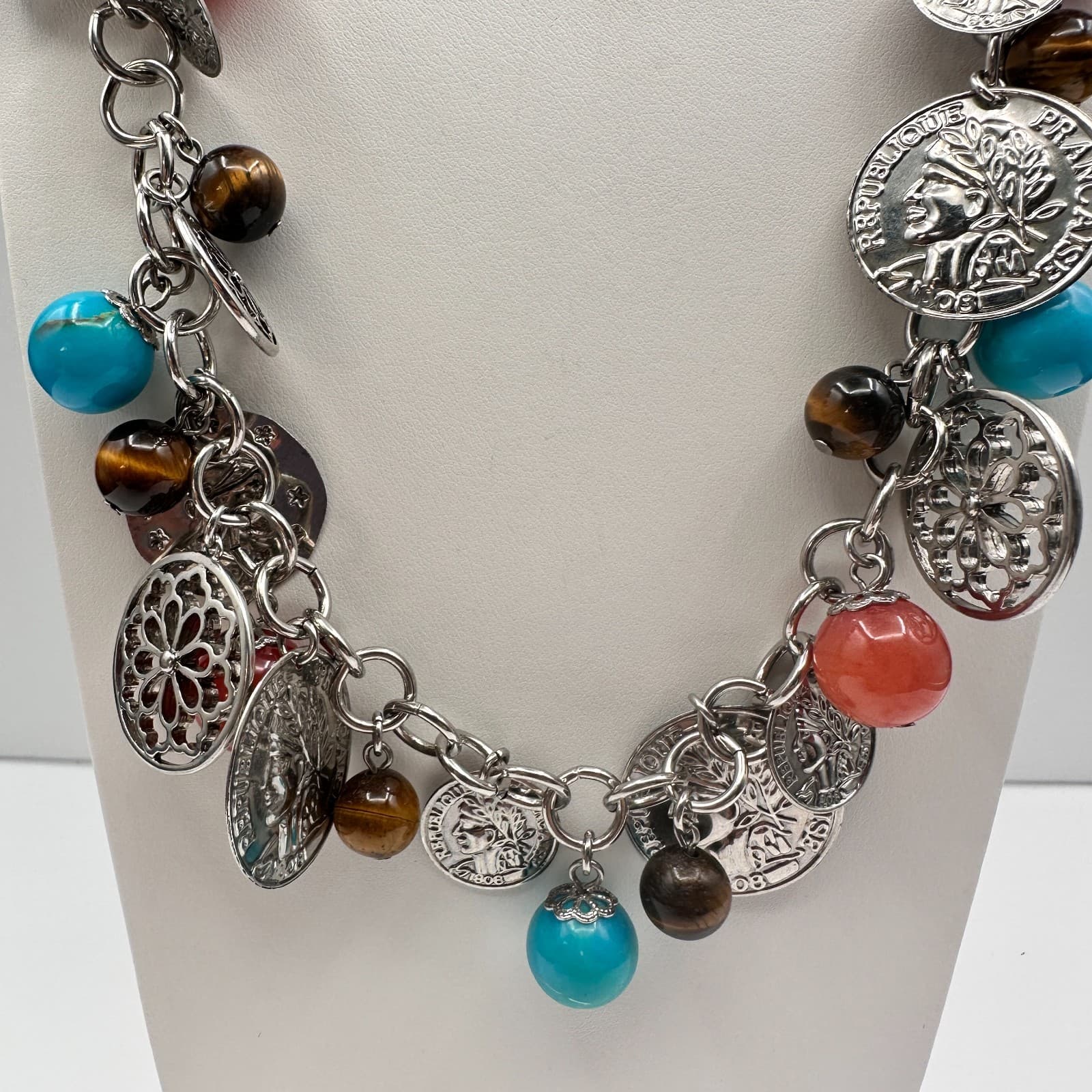 Vintage Y2K Coin Charm Necklace Silver Tone Tigers Eye Beads Turquoise Red Coral - Thumbnail 2