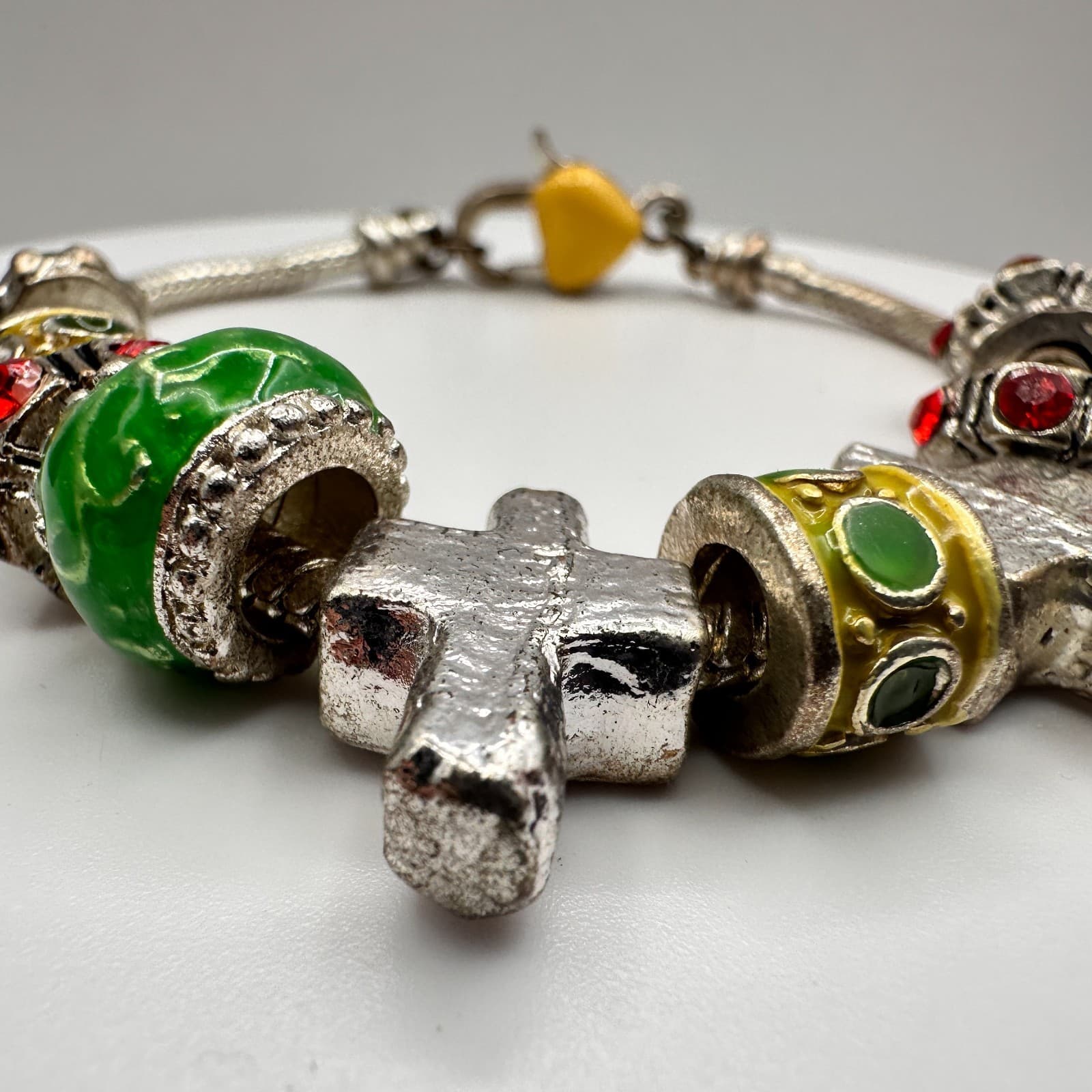 Vintage 90s Religious Charm Bracelet Silver Tone Multi-Color Cross Heart Jewelry - Thumbnail 3