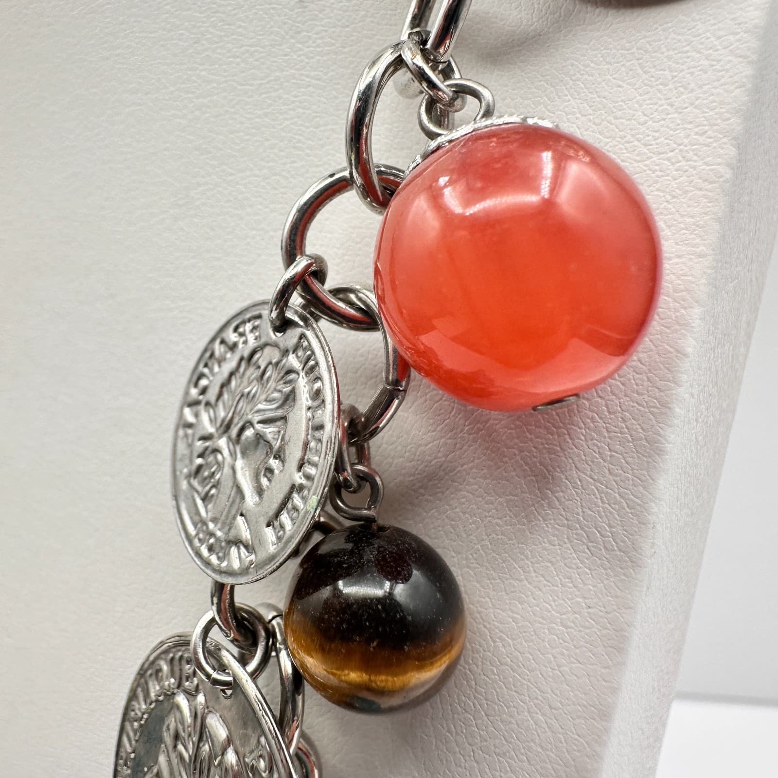 Vintage Y2K Coin Charm Necklace Silver Tone Tigers Eye Beads Turquoise Red Coral - Thumbnail 11
