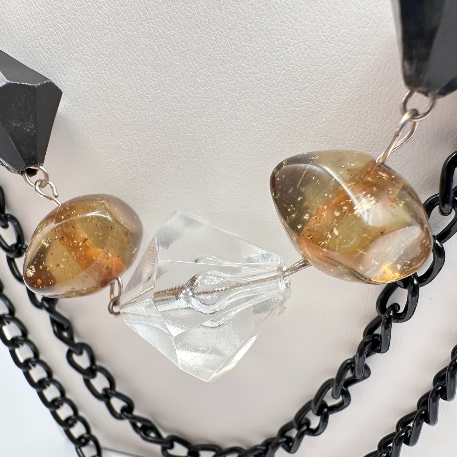 Vintage 90s Multi strand Layered Statement Necklace Black Resin Amber Clear Bead - Thumbnail 8