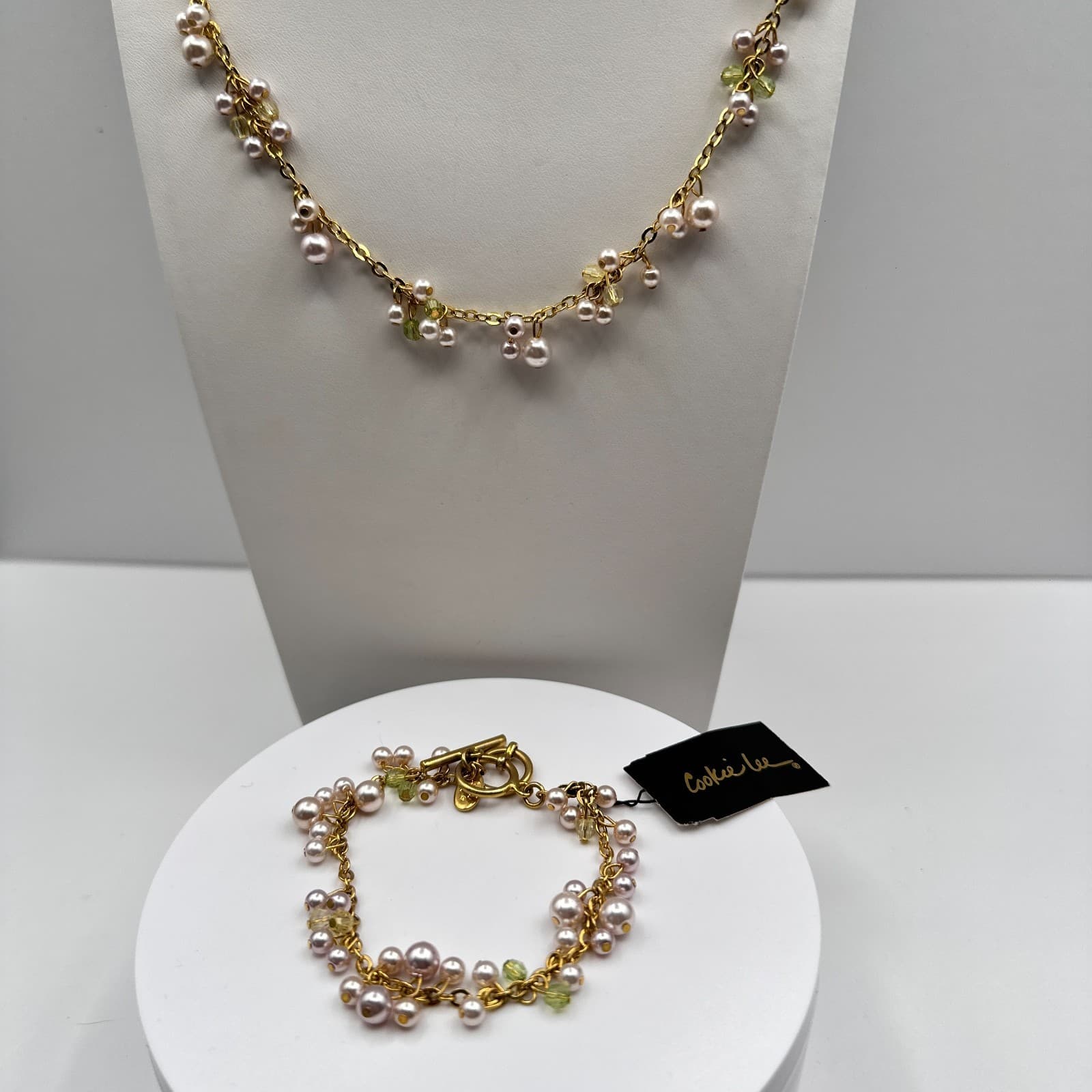 Vintage 90s Cookie Lee Pearl Glass Gold Tone Necklace Set Classic Womens Jewelry - Thumbnail 13