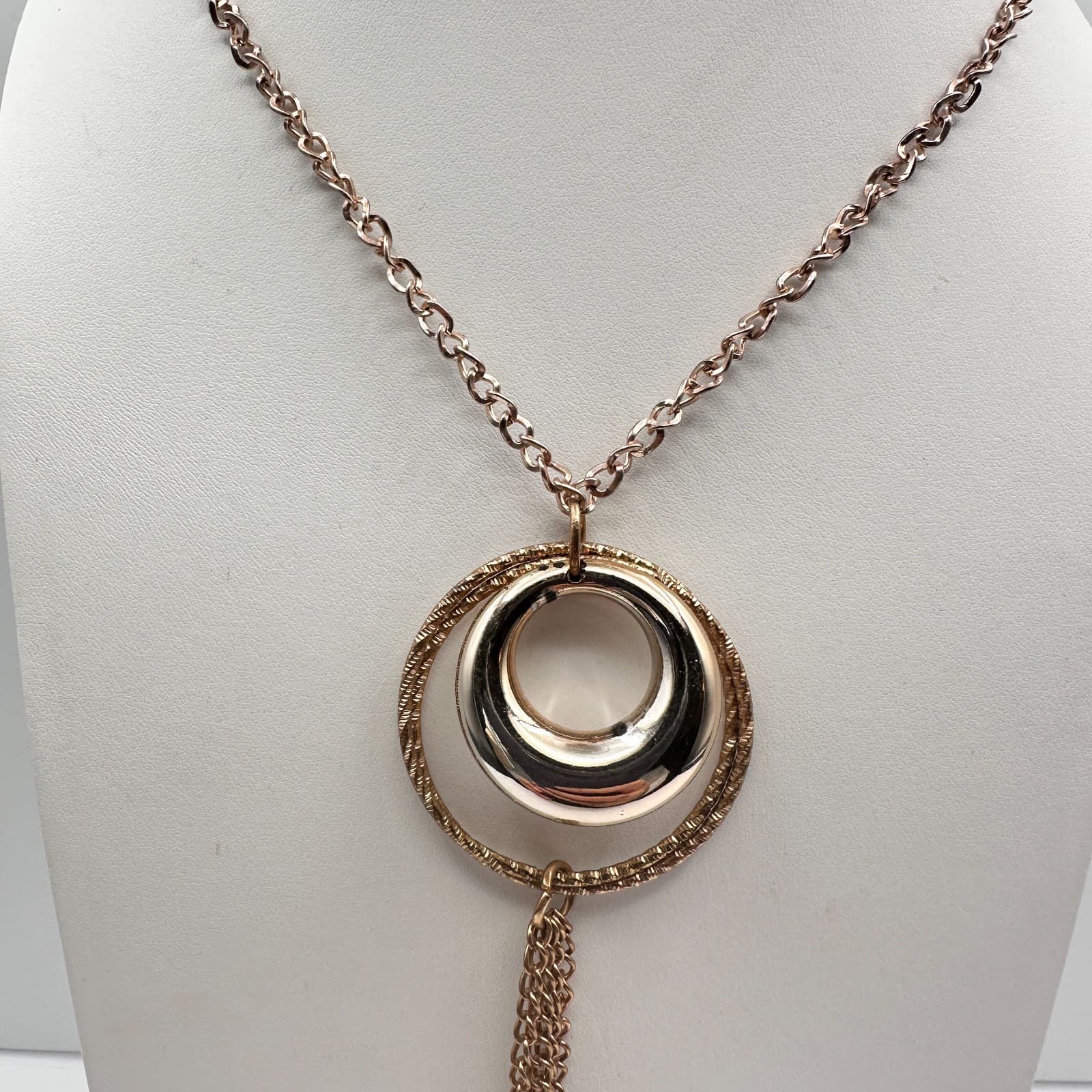 Vintage 90s Gold Tone Double Hoop Tassel Necklace Purple Glass Cube Boho - Thumbnail 12