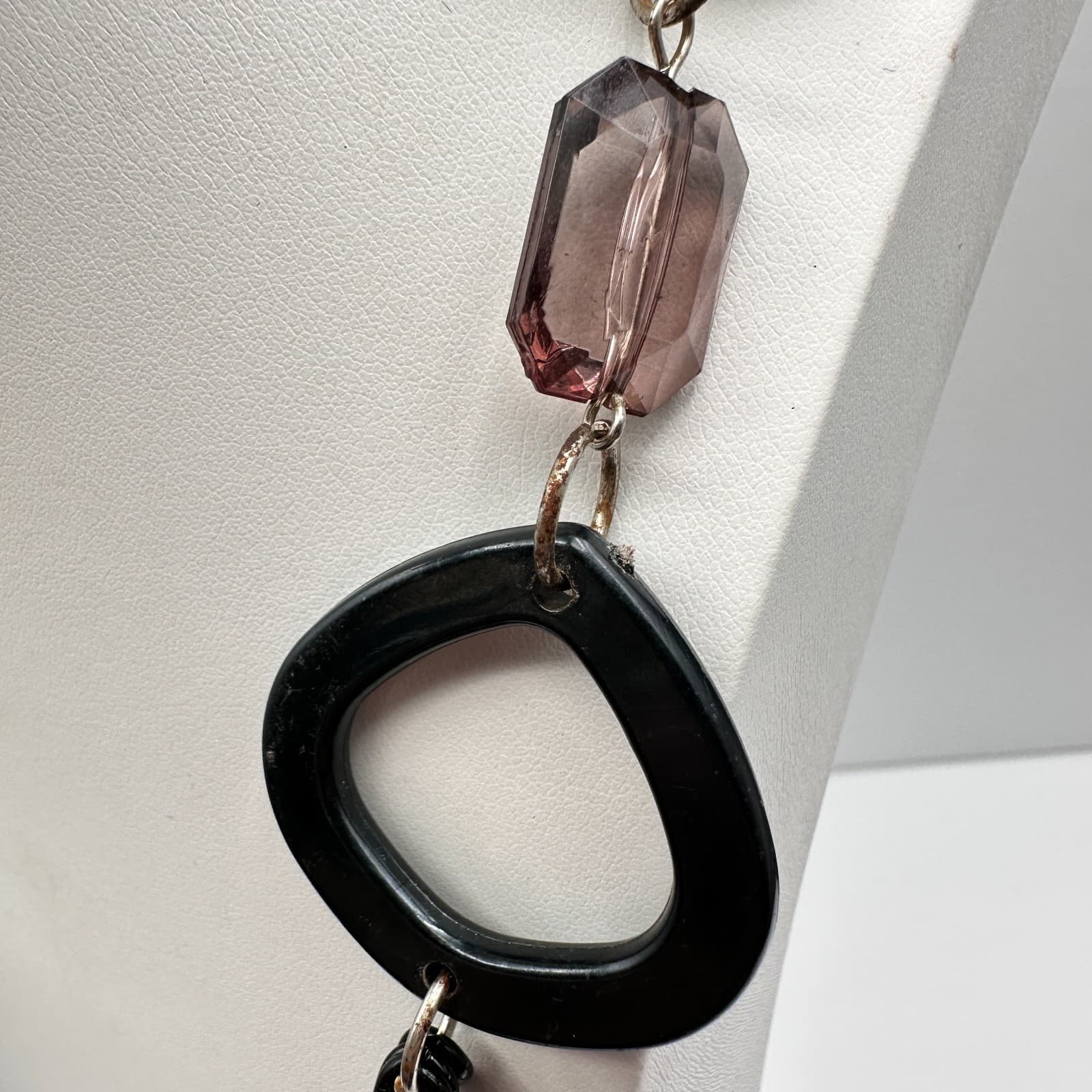 Vintage 90s Multi strand Layered Statement Necklace Black Resin Amber Clear Bead - Thumbnail 10