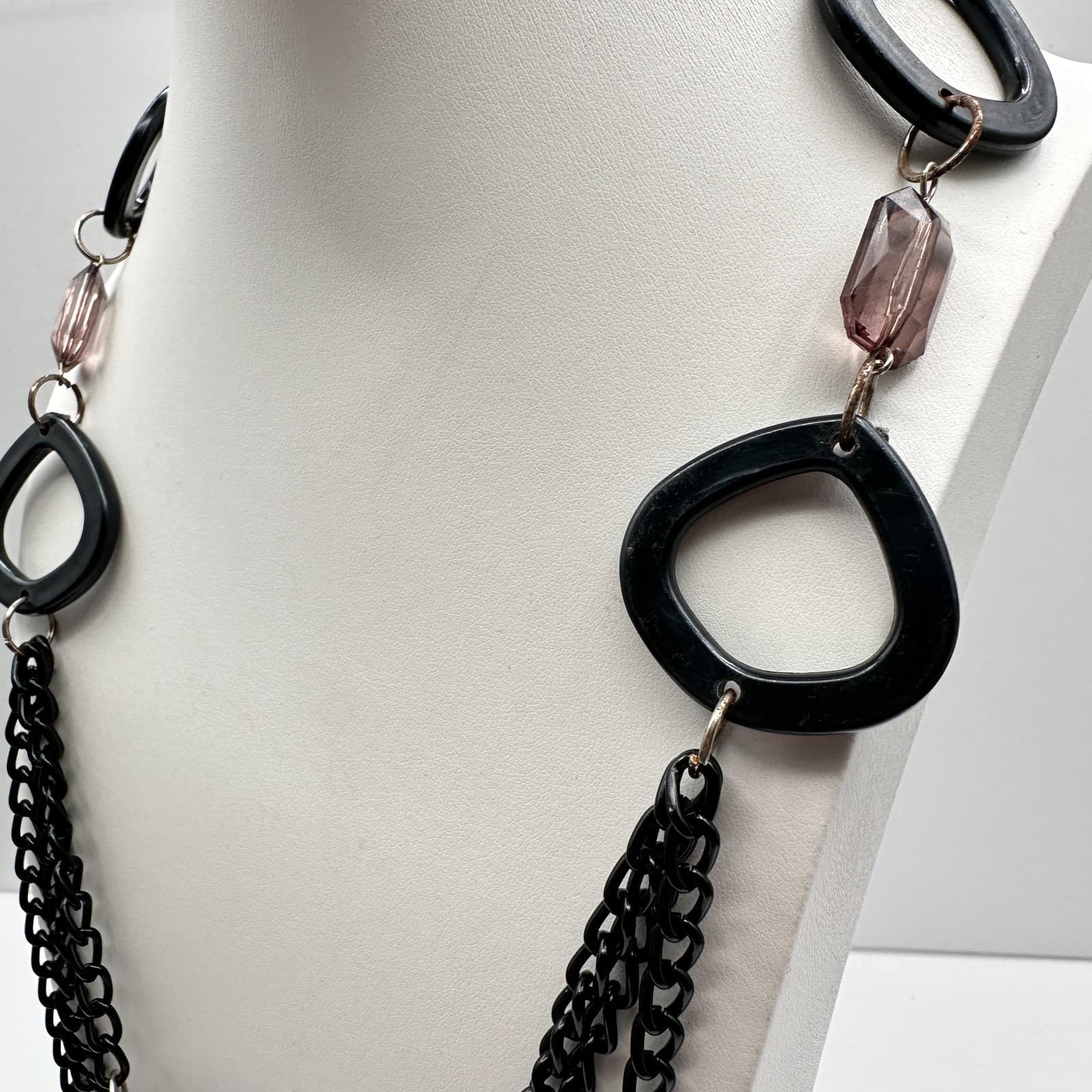 Vintage 90s Multi strand Layered Statement Necklace Black Resin Amber Clear Bead - Thumbnail 9