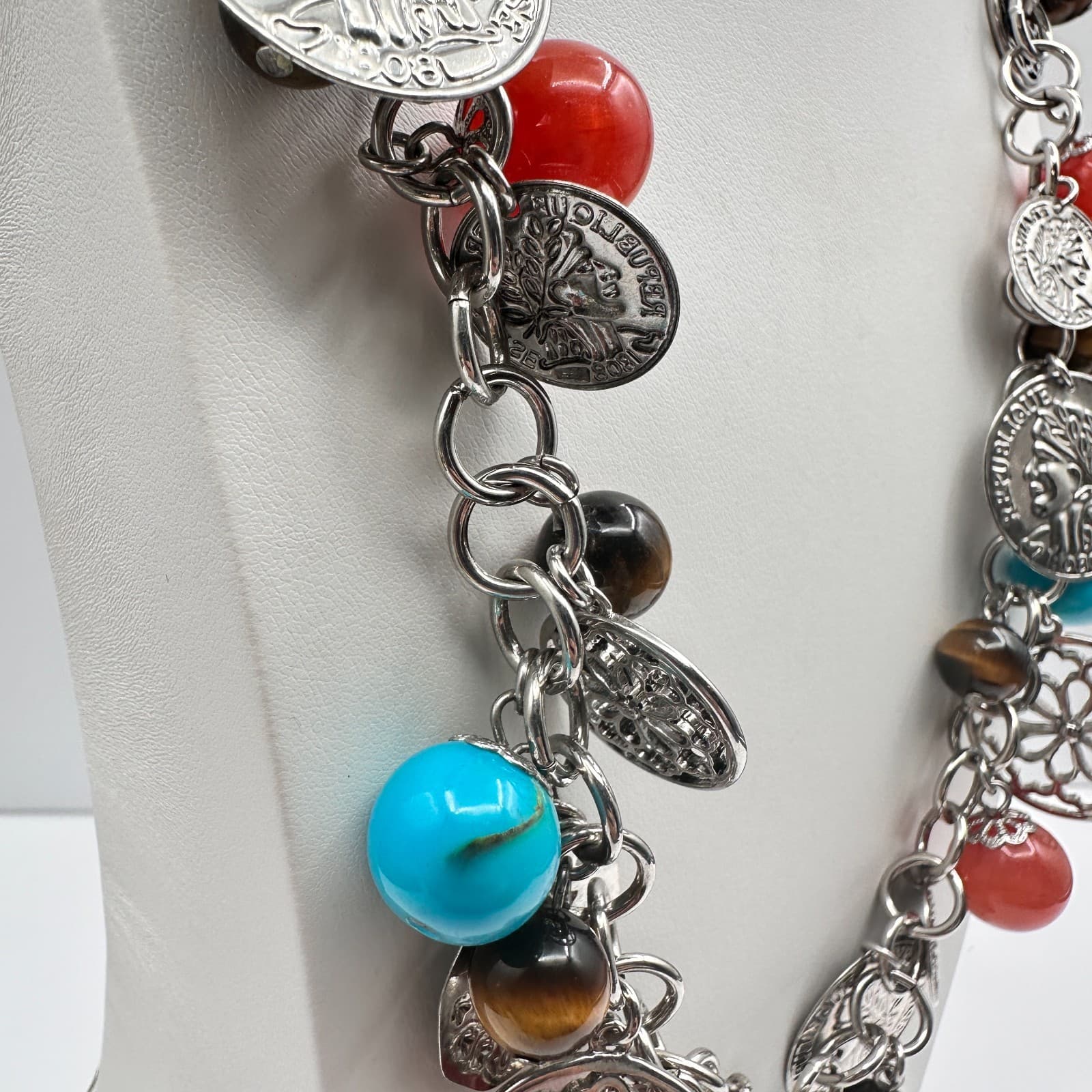 Vintage Y2K Coin Charm Necklace Silver Tone Tigers Eye Beads Turquoise Red Coral - Thumbnail 4