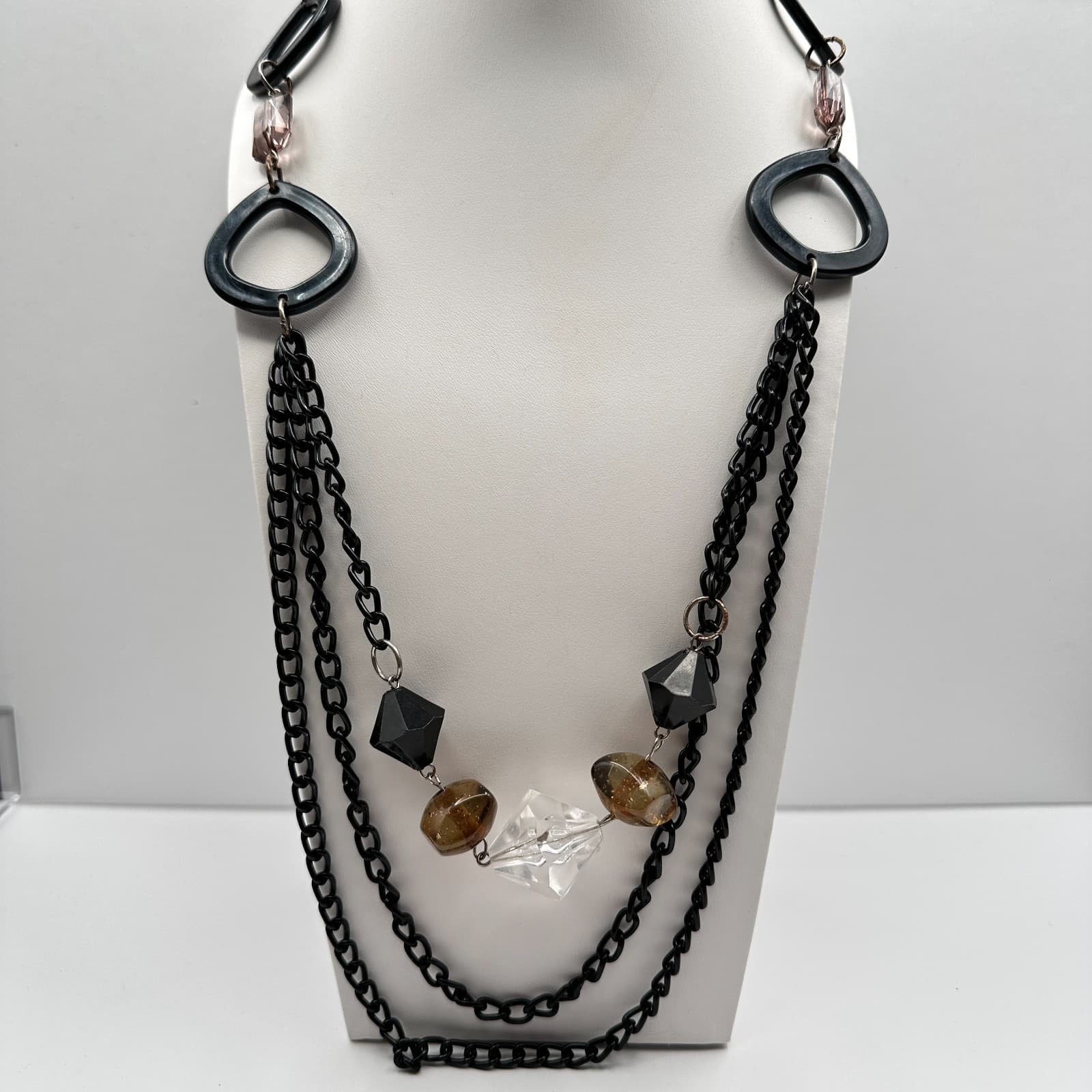 Vintage 90s Multi strand Layered Statement Necklace Black Resin Amber Clear Bead - Image 1