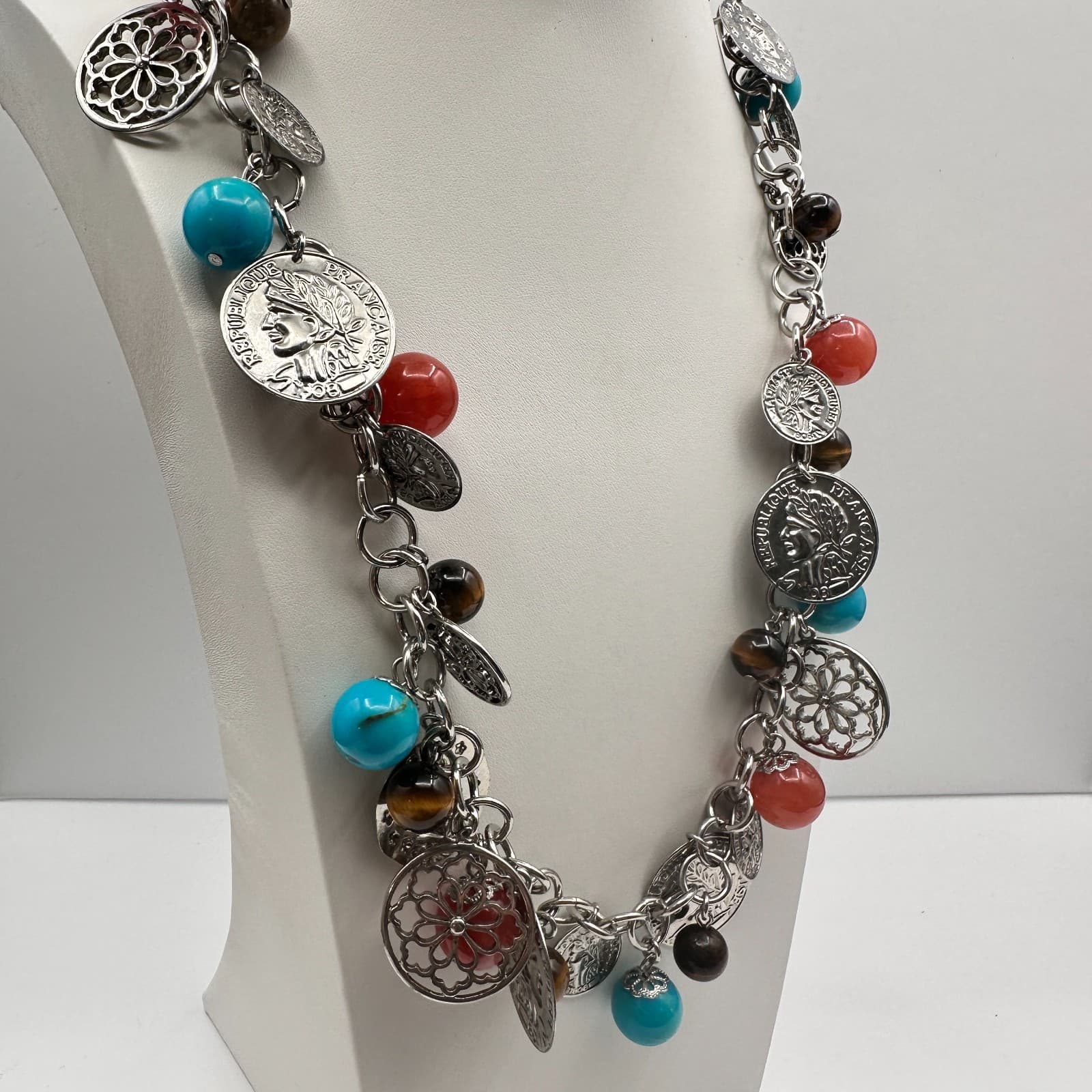 Vintage Y2K Coin Charm Necklace Silver Tone Tigers Eye Beads Turquoise Red Coral - Thumbnail 3
