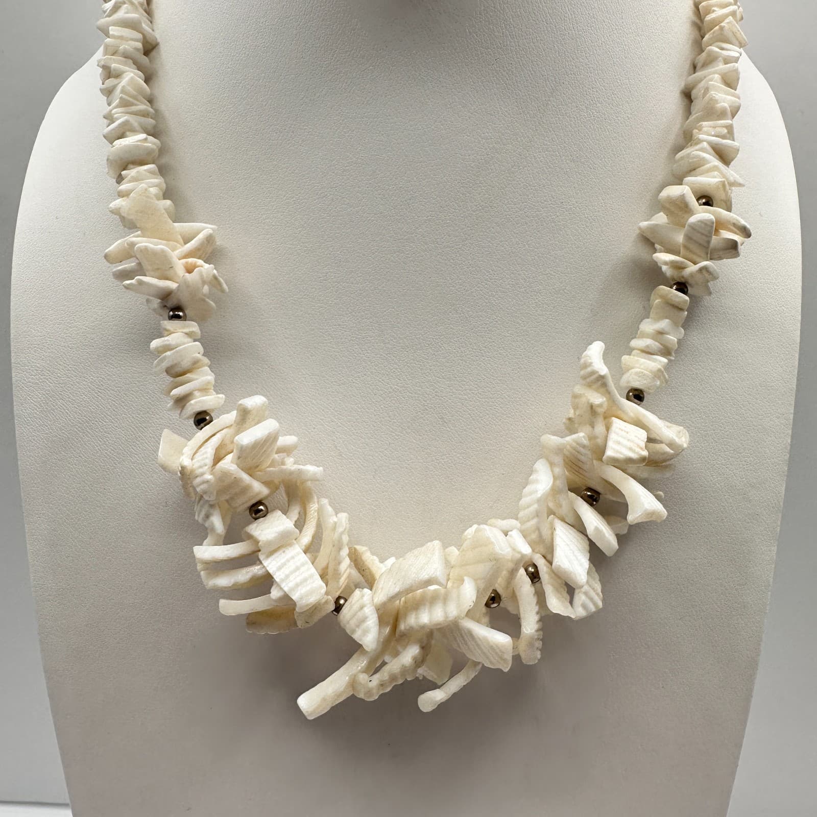 Vintage 90s Carved White Shell Statement Necklace with Gold-Tone Accents Jewelry - Image 1