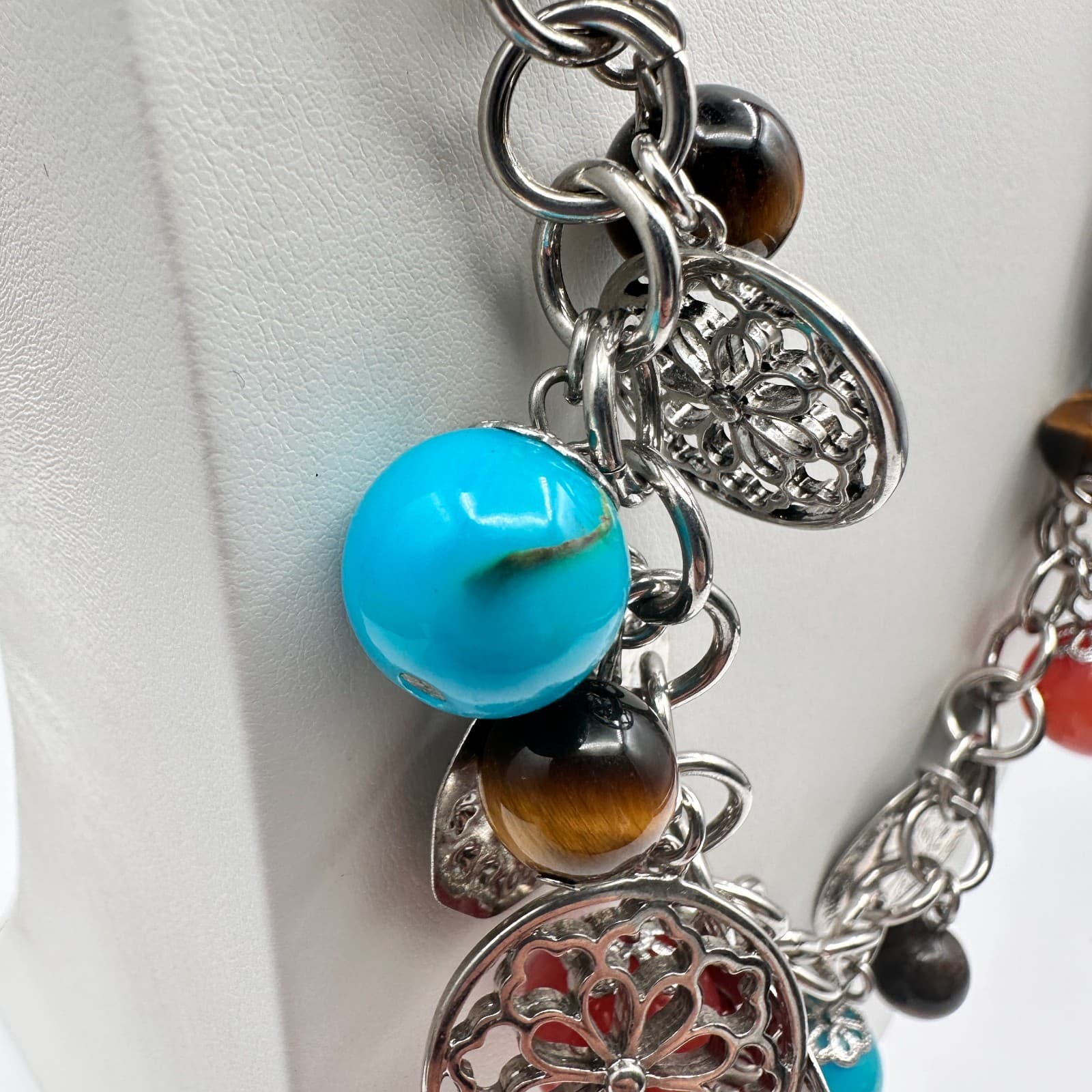 Vintage Y2K Coin Charm Necklace Silver Tone Tigers Eye Beads Turquoise Red Coral - Thumbnail 5