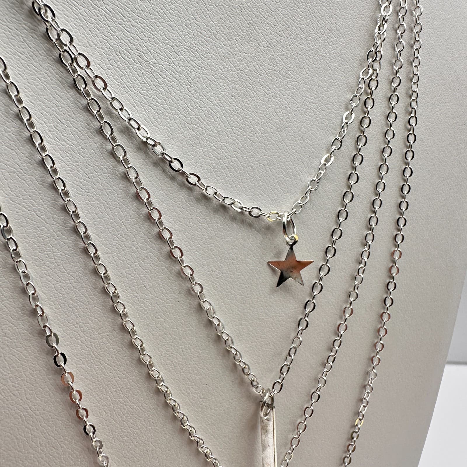 Vintage Y2K Silver Multi-Layered Necklace Star Geometric Vertical Bar Hammered - Thumbnail 10