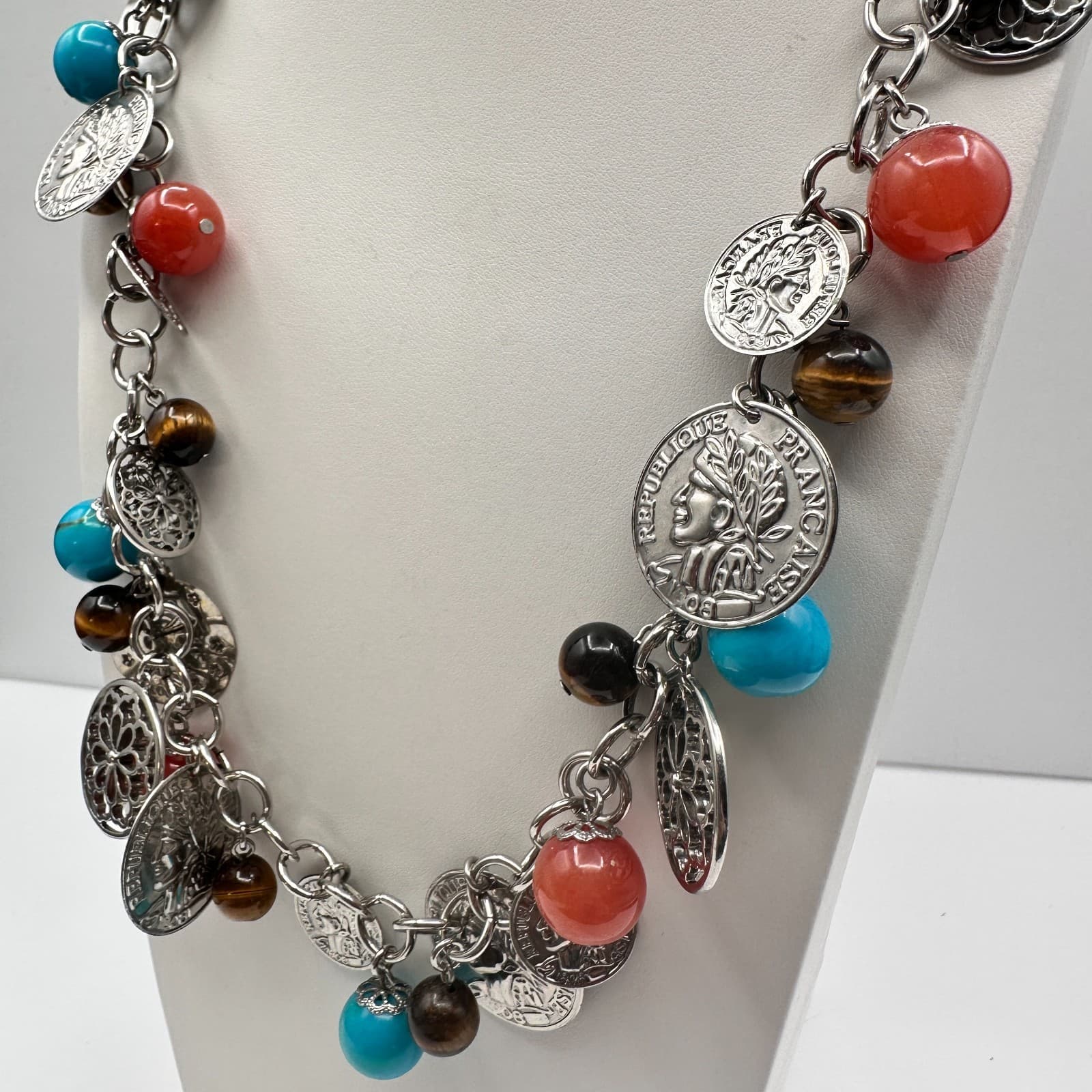 Vintage Y2K Coin Charm Necklace Silver Tone Tigers Eye Beads Turquoise Red Coral - Thumbnail 10