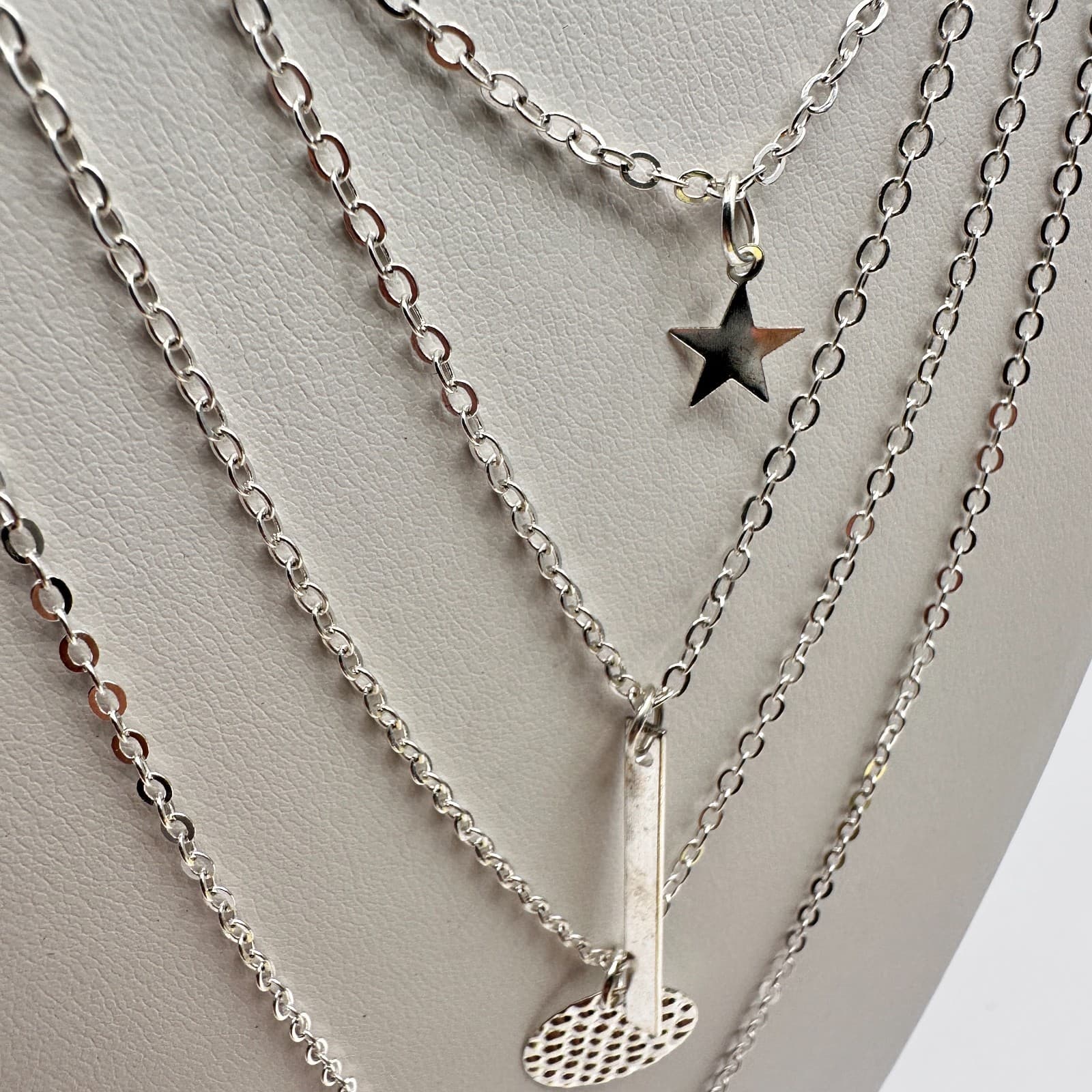 Vintage Y2K Silver Multi-Layered Necklace Star Geometric Vertical Bar Hammered - Thumbnail 11