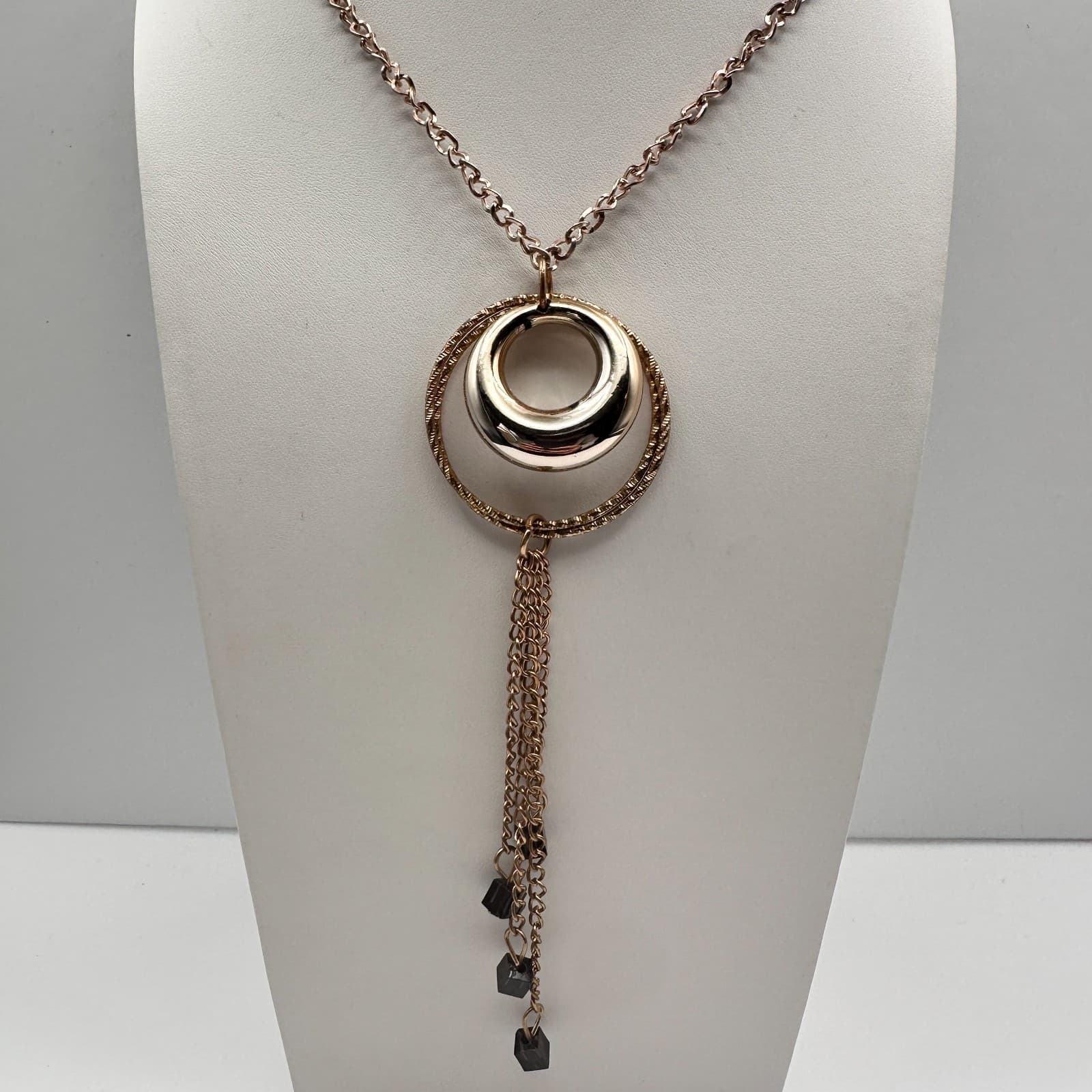 Vintage 90s Gold Tone Double Hoop Tassel Necklace Purple Glass Cube Boho - Thumbnail 11