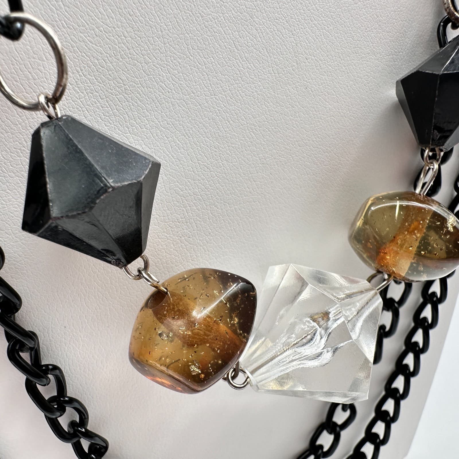 Vintage 90s Multi strand Layered Statement Necklace Black Resin Amber Clear Bead - Thumbnail 4