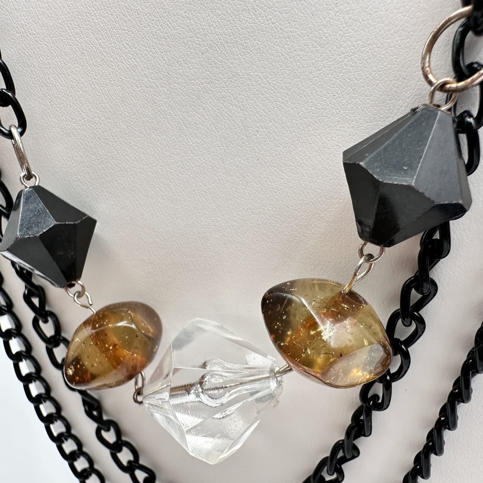 Vintage 90s Multi strand Layered Statement Necklace Black Resin Amber Clear Bead - Thumbnail 7