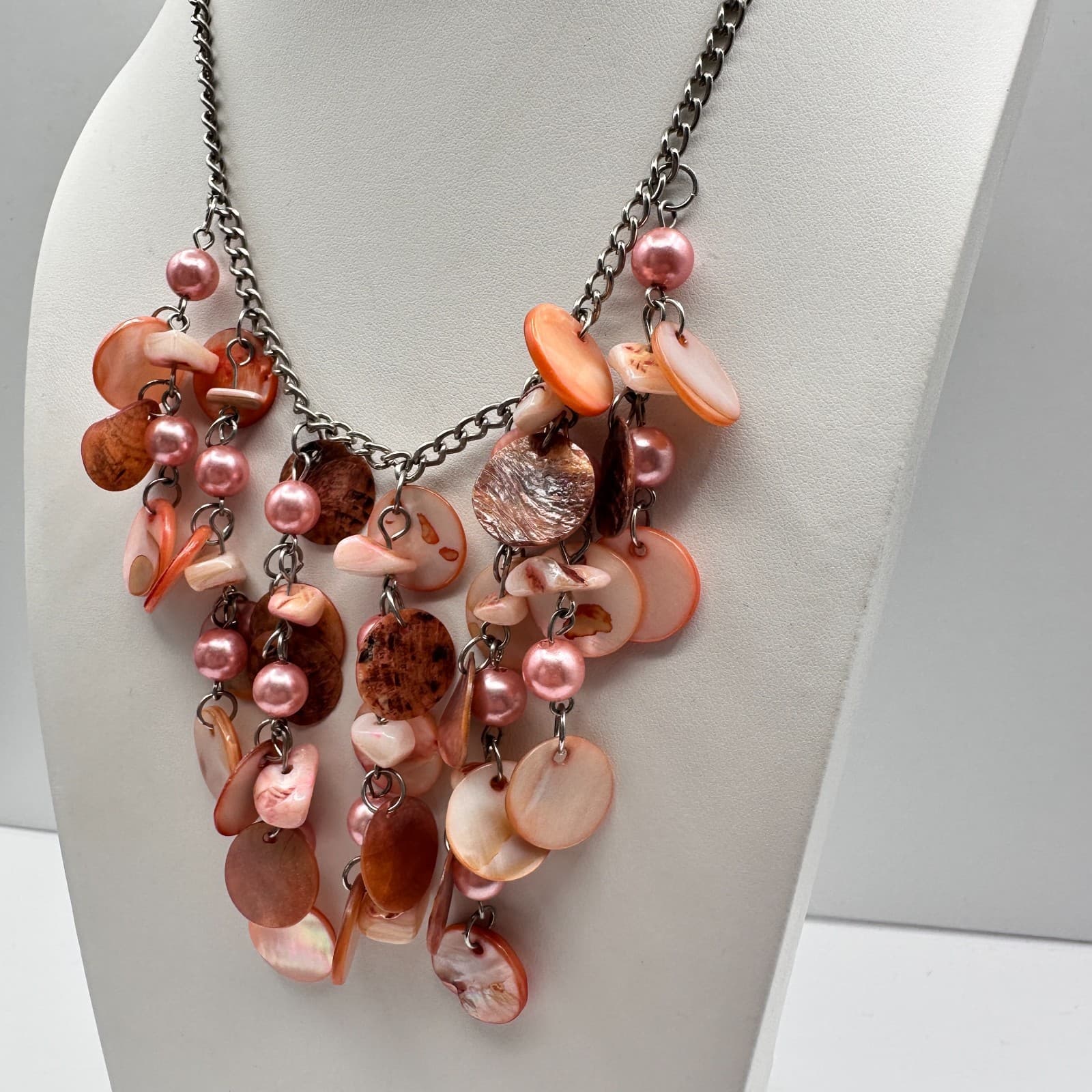 Vintage Y2K Pink Shell Statement Necklace Mother of Pearl Cluster Boho Jewelry - Thumbnail 10