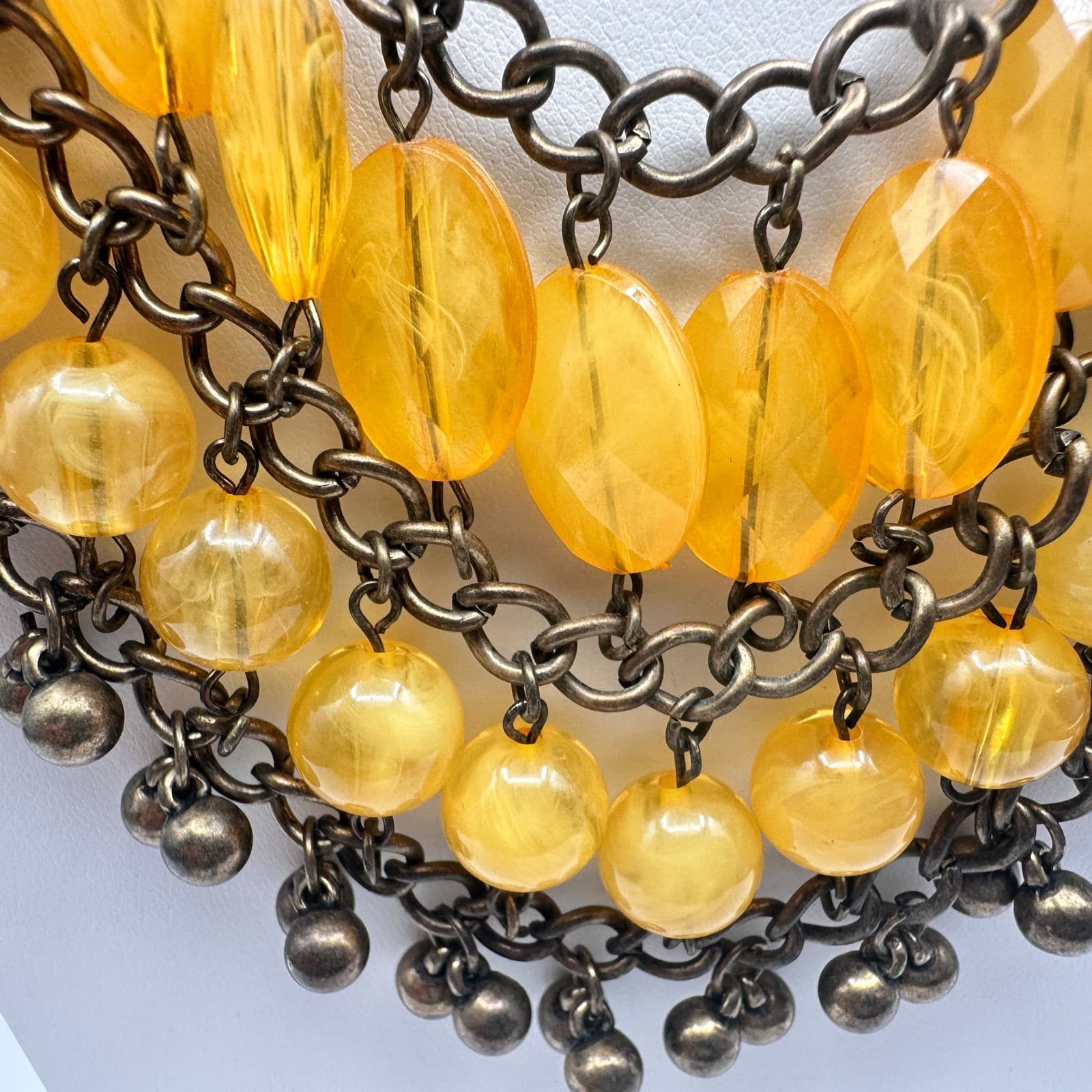 Vintage 90s Bib Necklace Yellow Glass Beads Bronze Tone Multi Strand Jewelry - Thumbnail 5