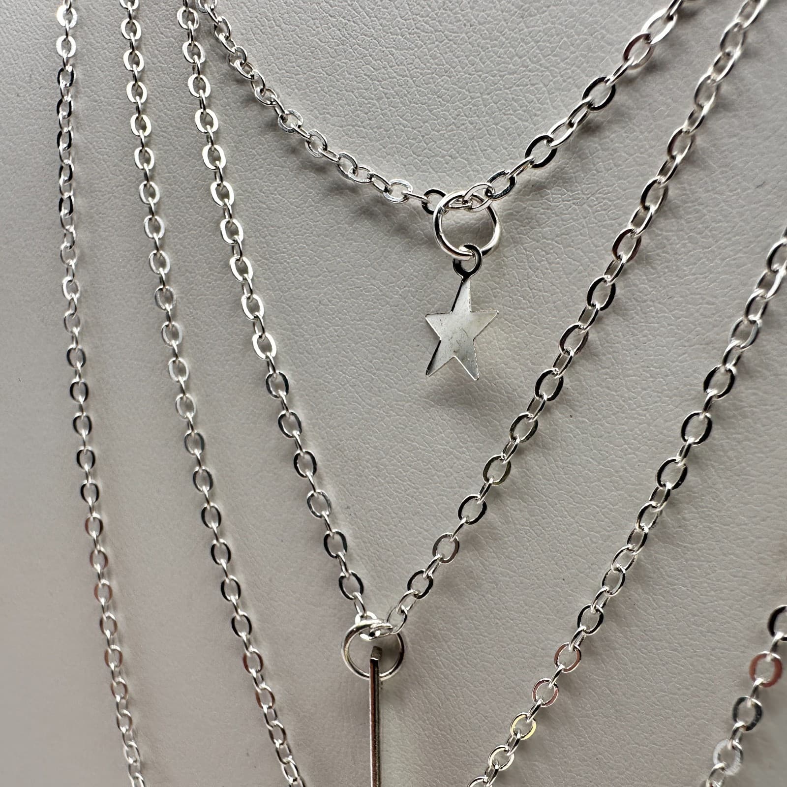 Vintage Y2K Silver Multi-Layered Necklace Star Geometric Vertical Bar Hammered - Thumbnail 8