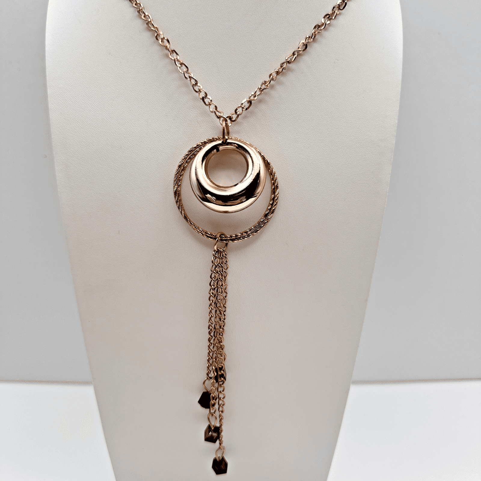 Vintage 90s Gold Tone Double Hoop Tassel Necklace Purple Glass Cube Boho - Image 1