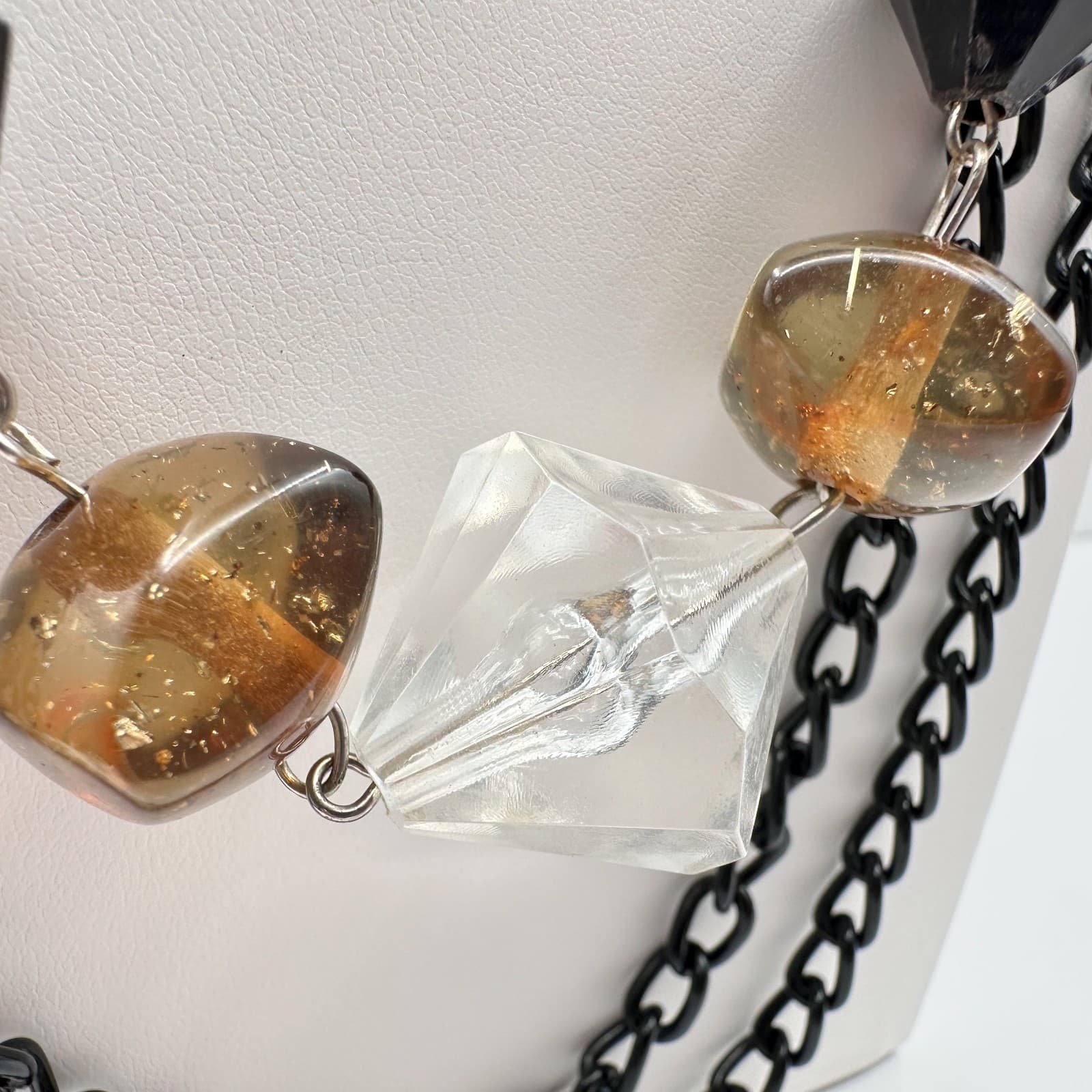 Vintage 90s Multi strand Layered Statement Necklace Black Resin Amber Clear Bead - Thumbnail 5