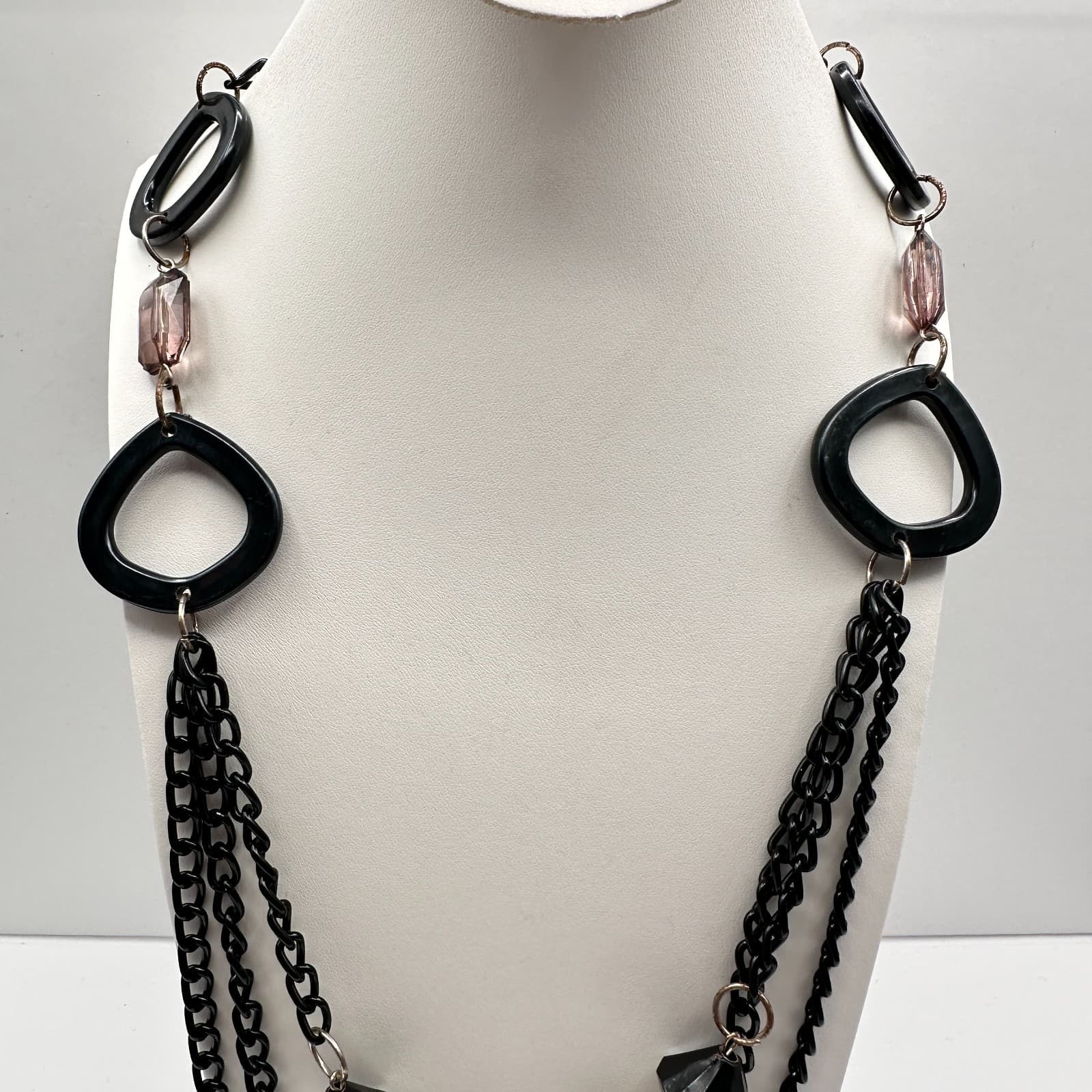 Vintage 90s Multi strand Layered Statement Necklace Black Resin Amber Clear Bead - Thumbnail 2