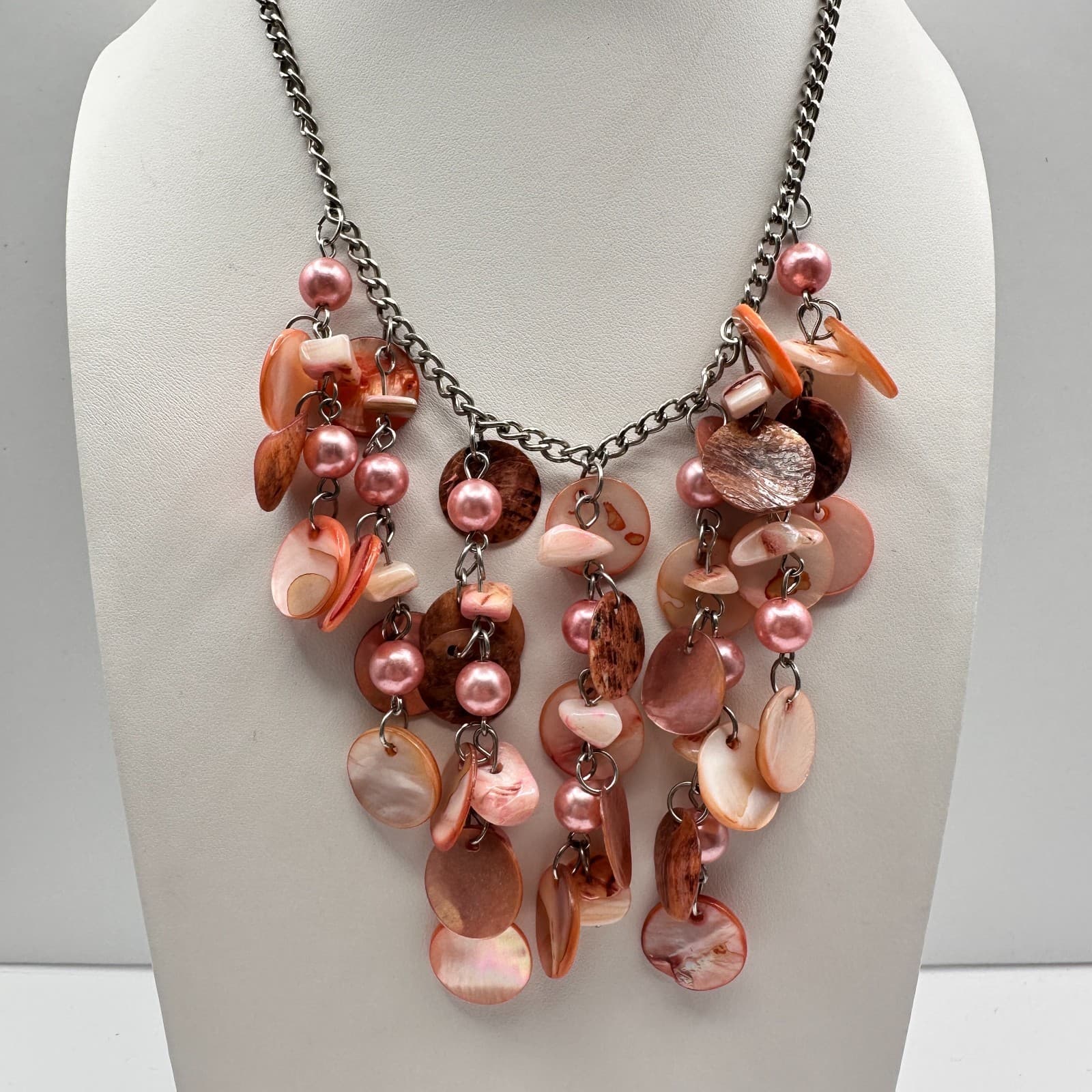 Vintage Y2K Pink Shell Statement Necklace Mother of Pearl Cluster Boho Jewelry - Image 1