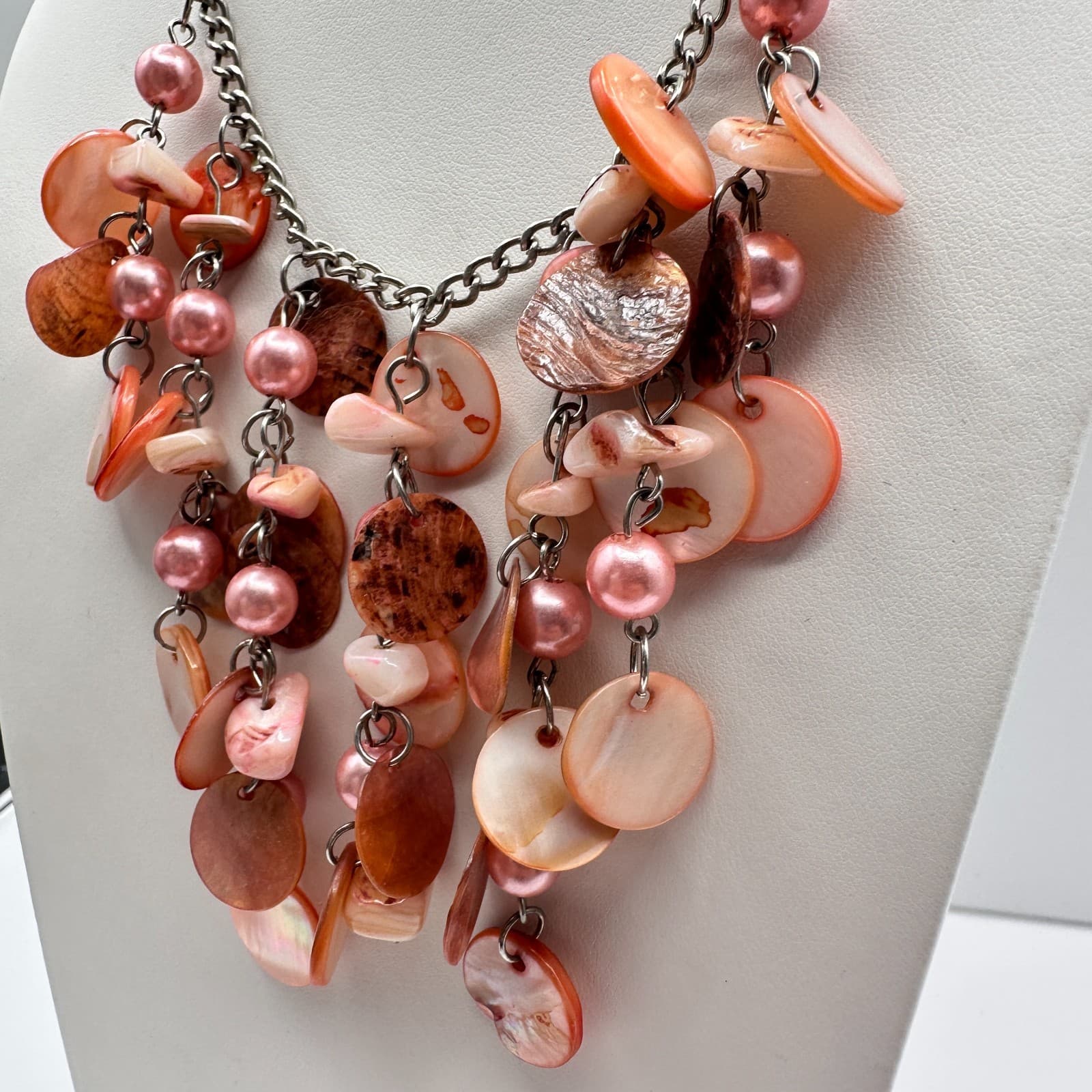 Vintage Y2K Pink Shell Statement Necklace Mother of Pearl Cluster Boho Jewelry - Thumbnail 9