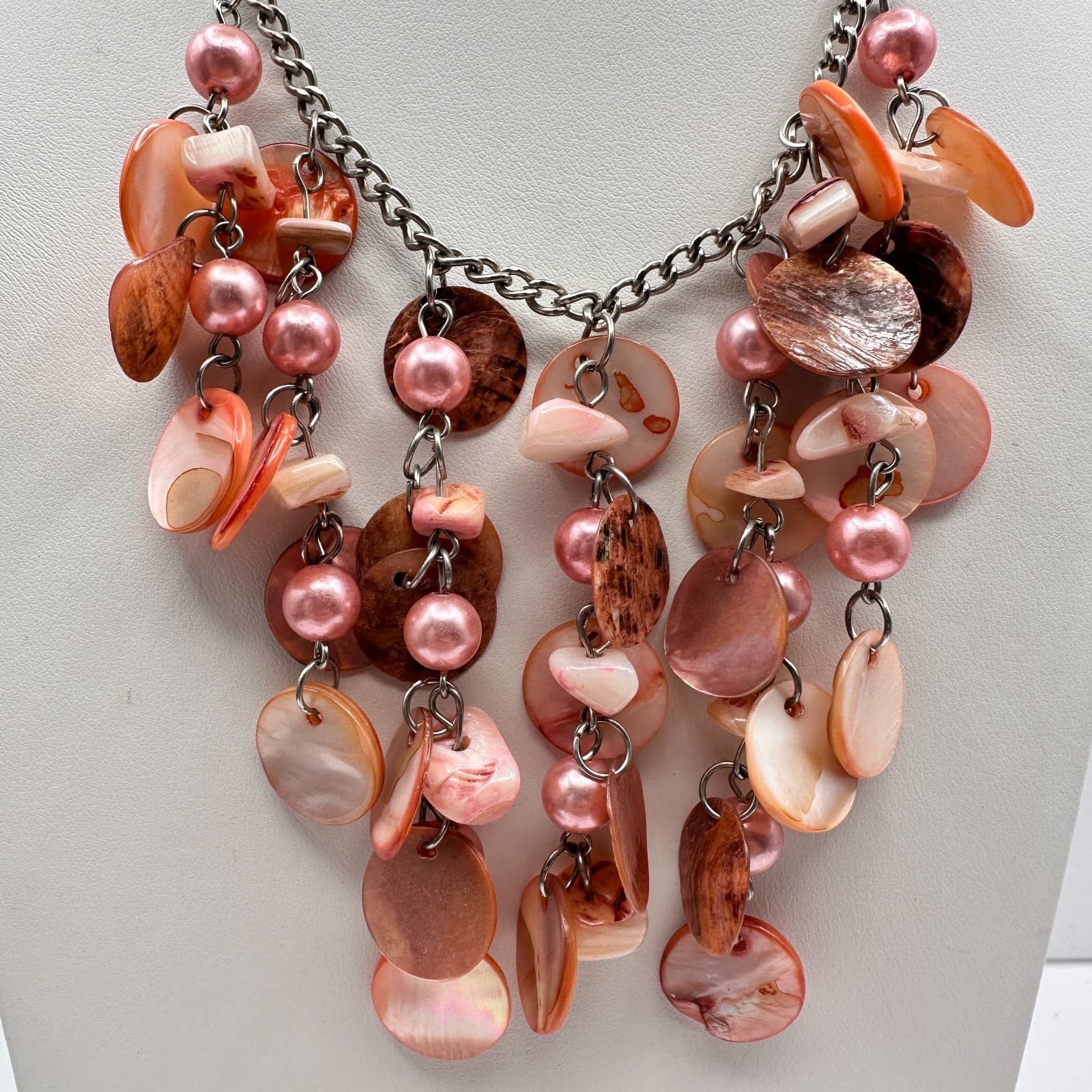 Vintage Y2K Pink Shell Statement Necklace Mother of Pearl Cluster Boho Jewelry - Thumbnail 2