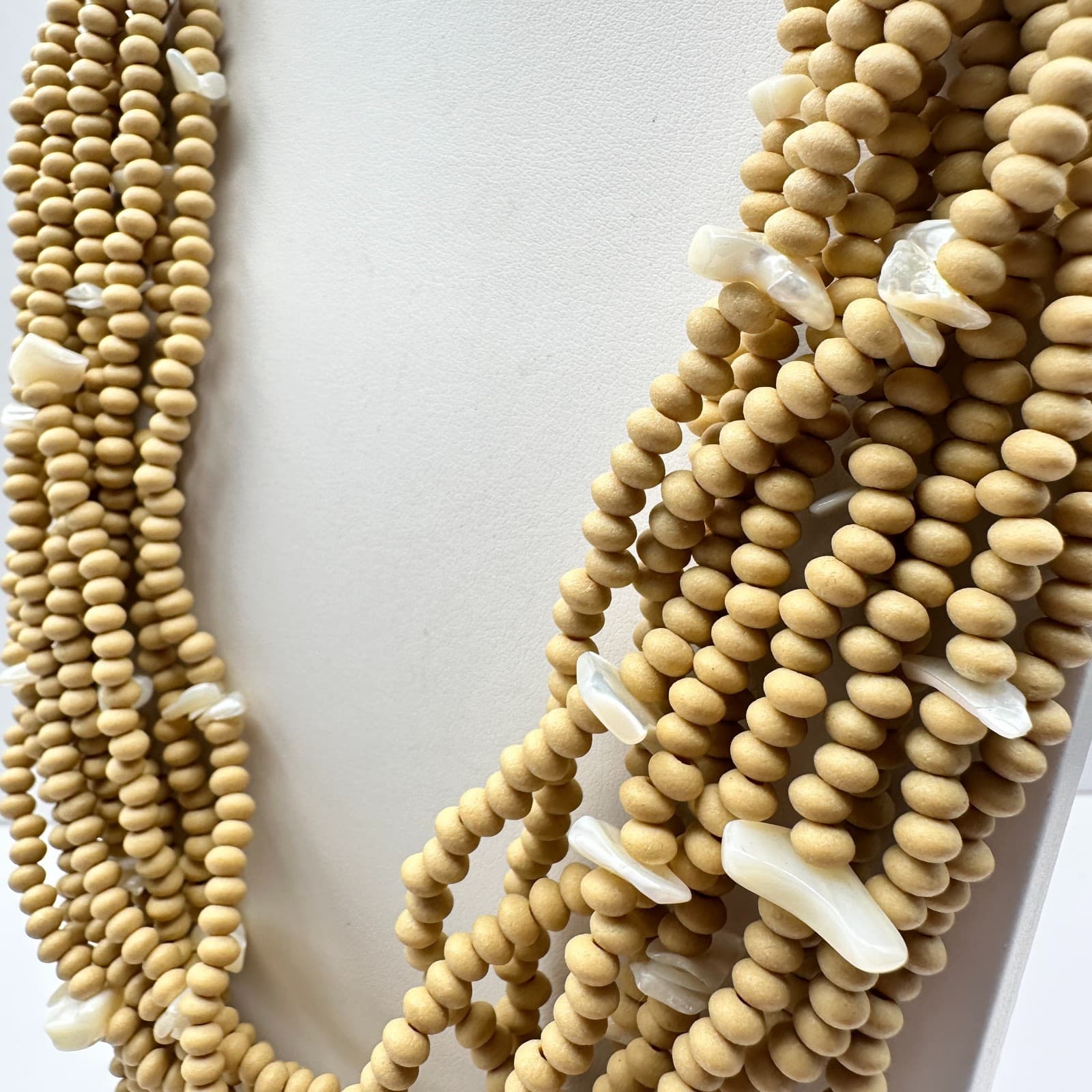 Vintage 90s Multi-Strand Wood Bead Shell Necklace Boho Classic Women's Jewelry - Thumbnail 6