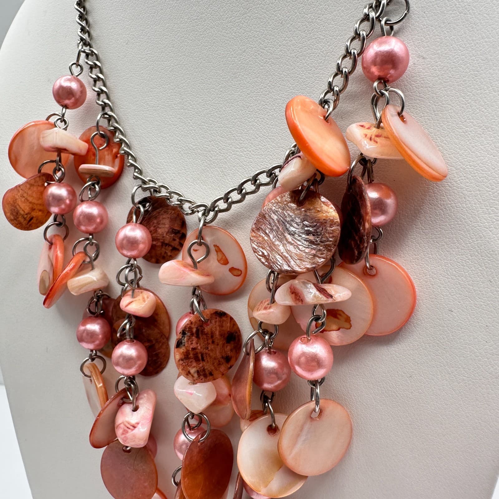 Vintage Y2K Pink Shell Statement Necklace Mother of Pearl Cluster Boho Jewelry - Thumbnail 11