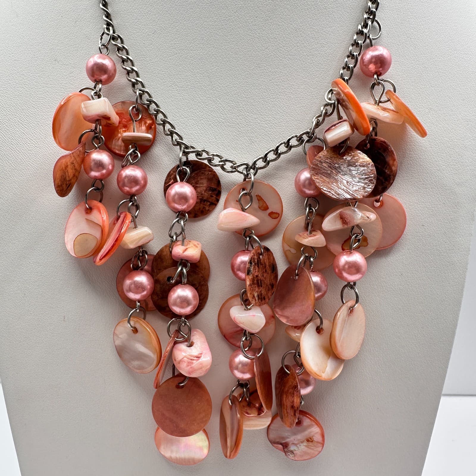 Vintage Y2K Pink Shell Statement Necklace Mother of Pearl Cluster Boho Jewelry - Thumbnail 12