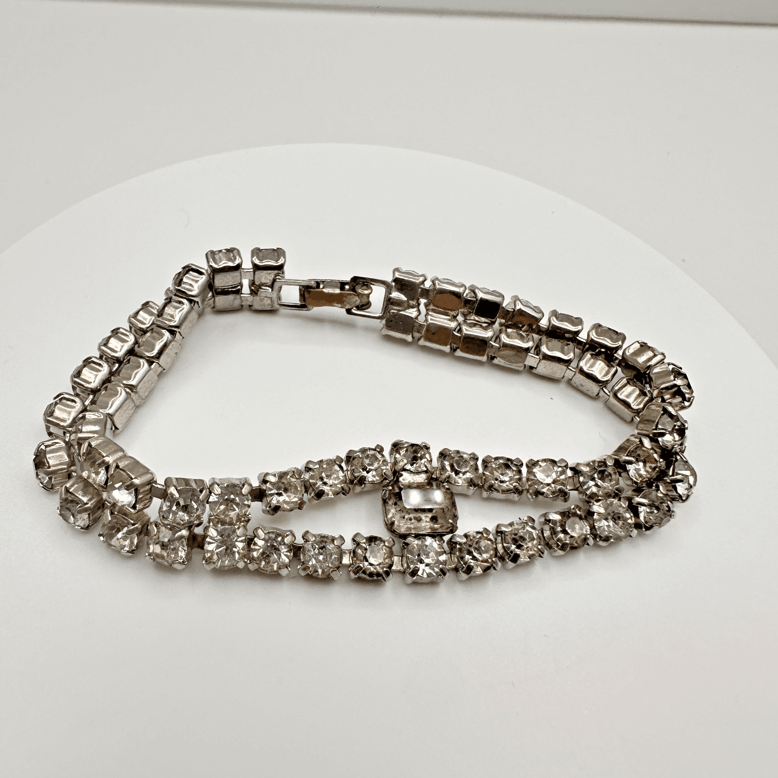 Vintage 90s Double Row Silver Tone Clear Rhinestone Tennis Bracelet Emerald Cut - Image 1