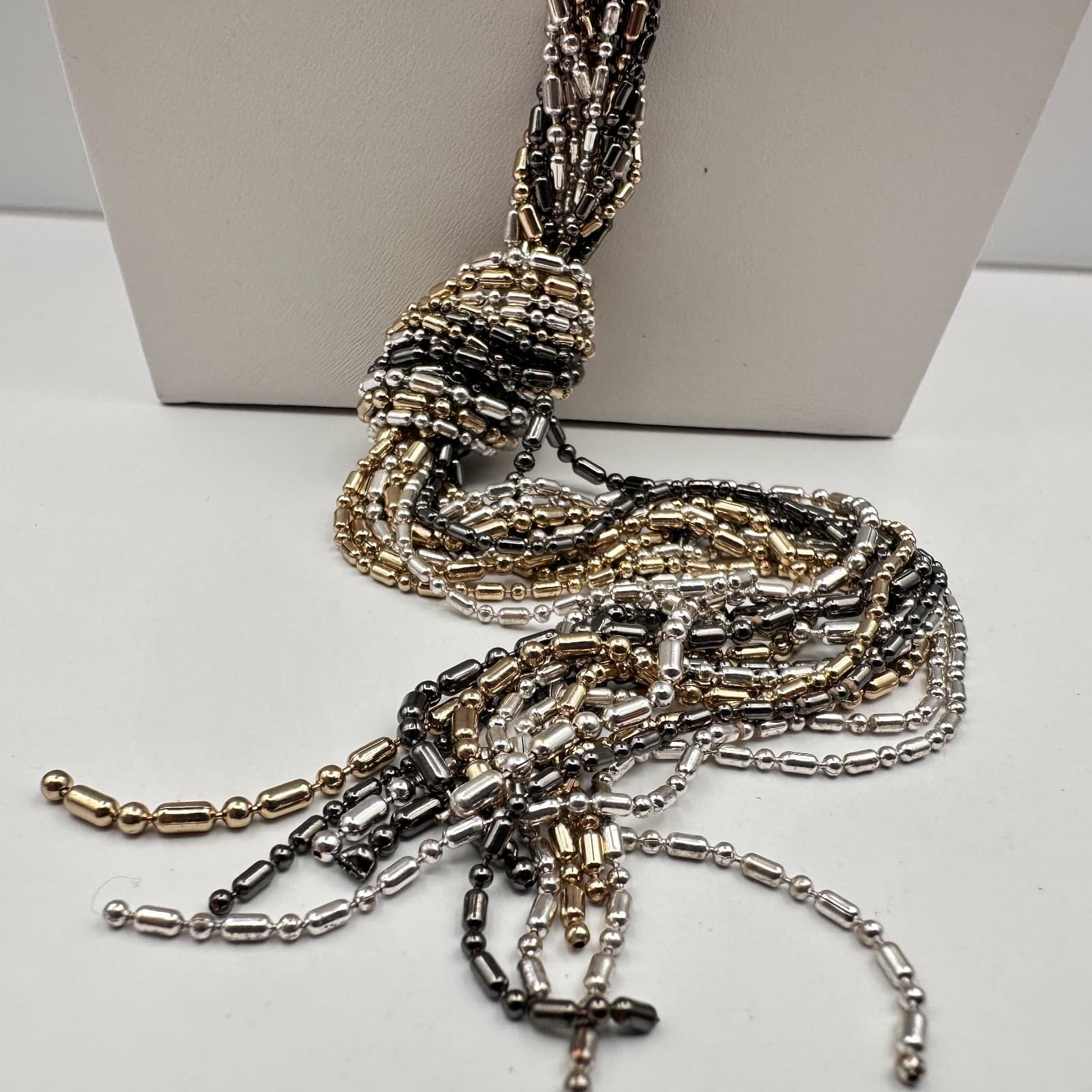 Vintage 90s Multi-Tone Multi-Strand Ball Bar Chain Tassel Statement Necklace - Thumbnail 6