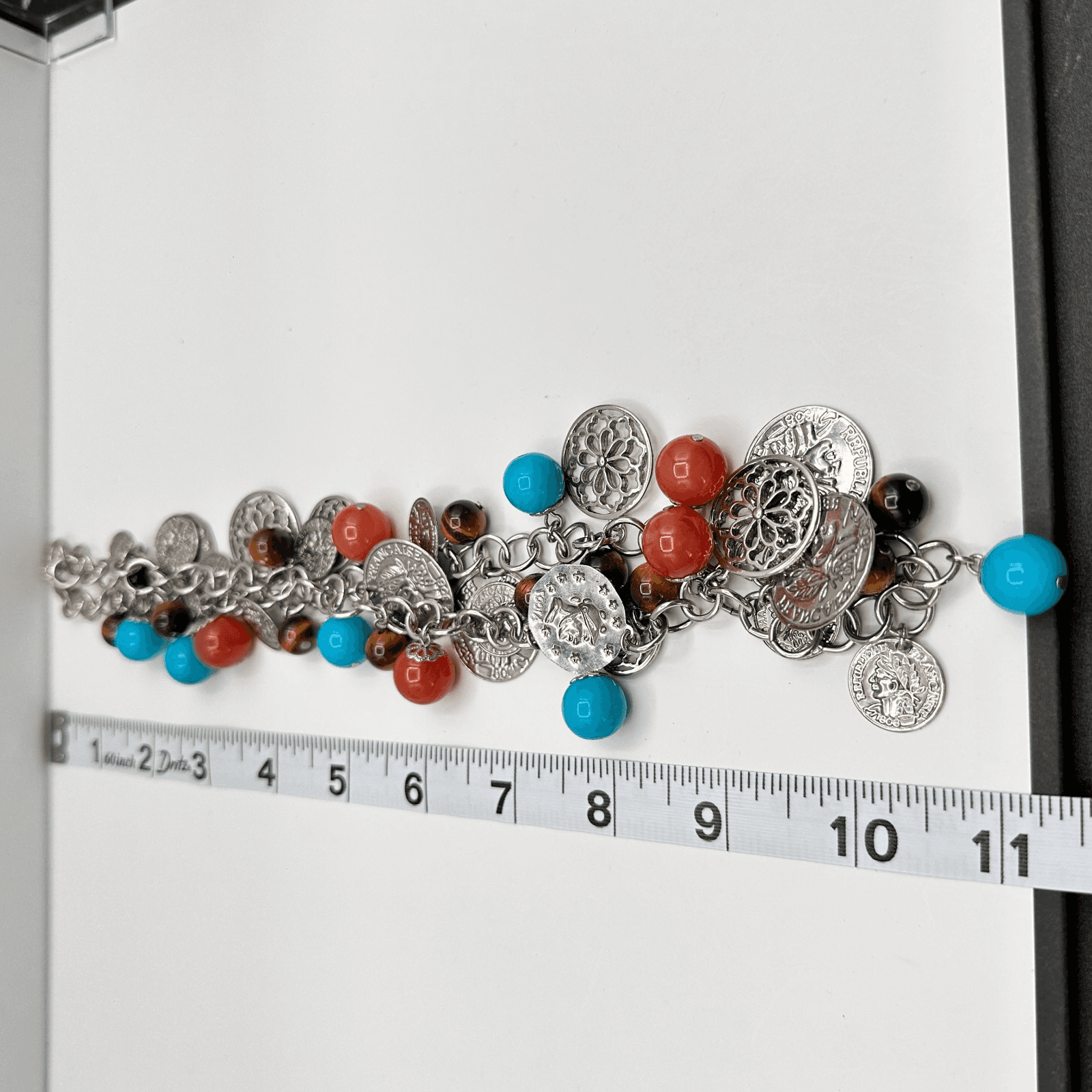 Vintage Y2K Coin Charm Necklace Silver Tone Tigers Eye Beads Turquoise Red Coral - Thumbnail 14